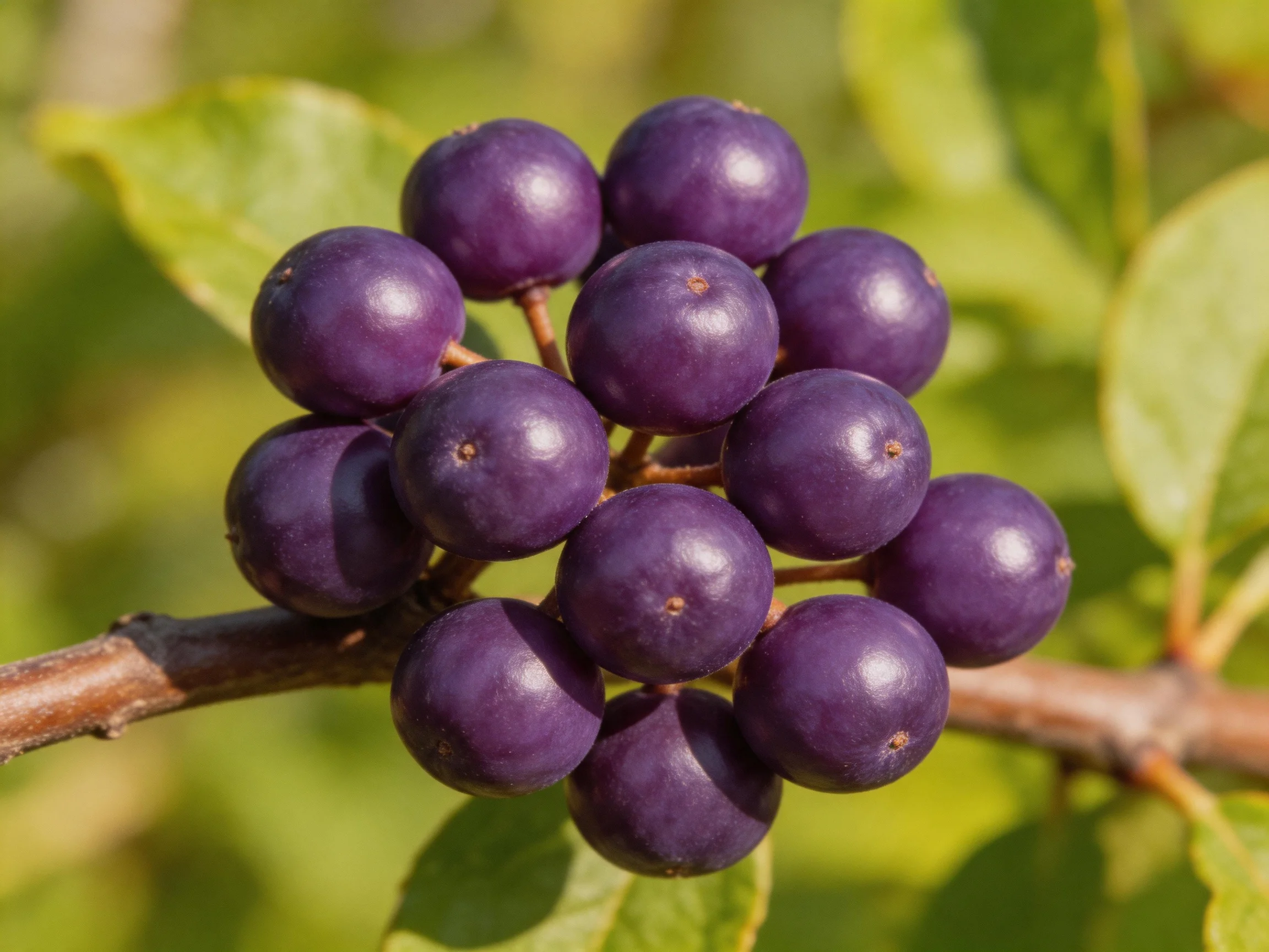 A cluster of vibrant purple berries grouped on a tree branch
