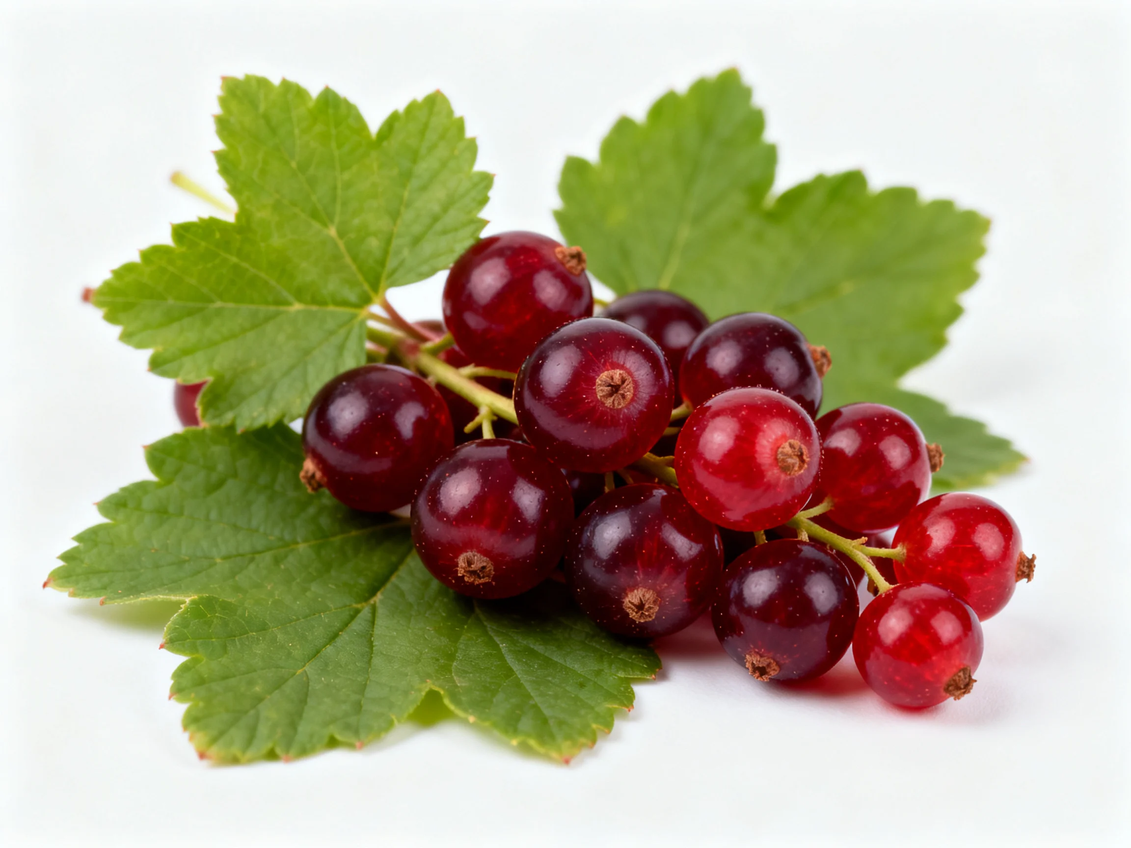 A cluster of vibrant red and dark red currants with lush green leaves