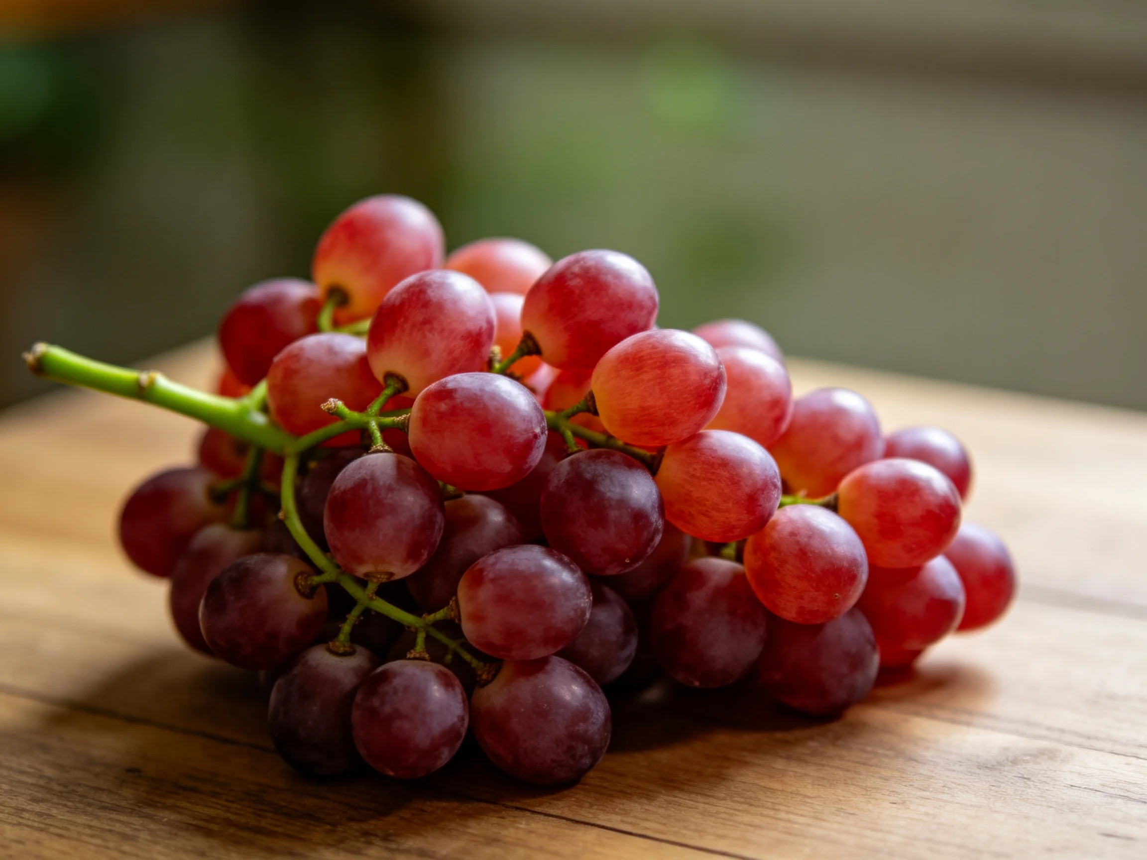 A cluster of vibrant red and deep purple grapes rests on a wooden surface