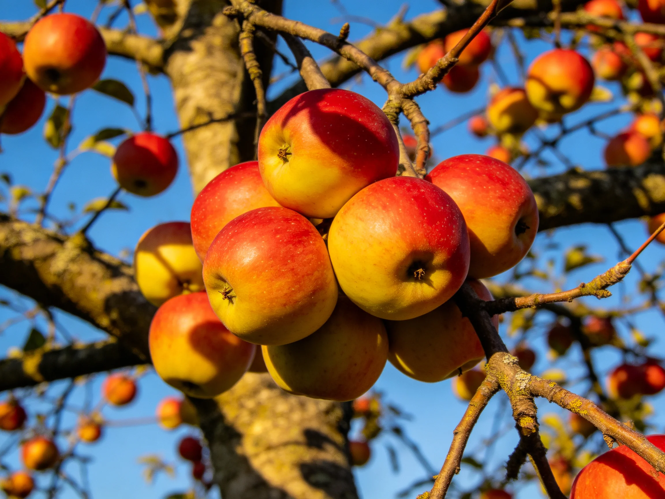 A cluster of vibrant red and yellow apples hangs from a tree branch