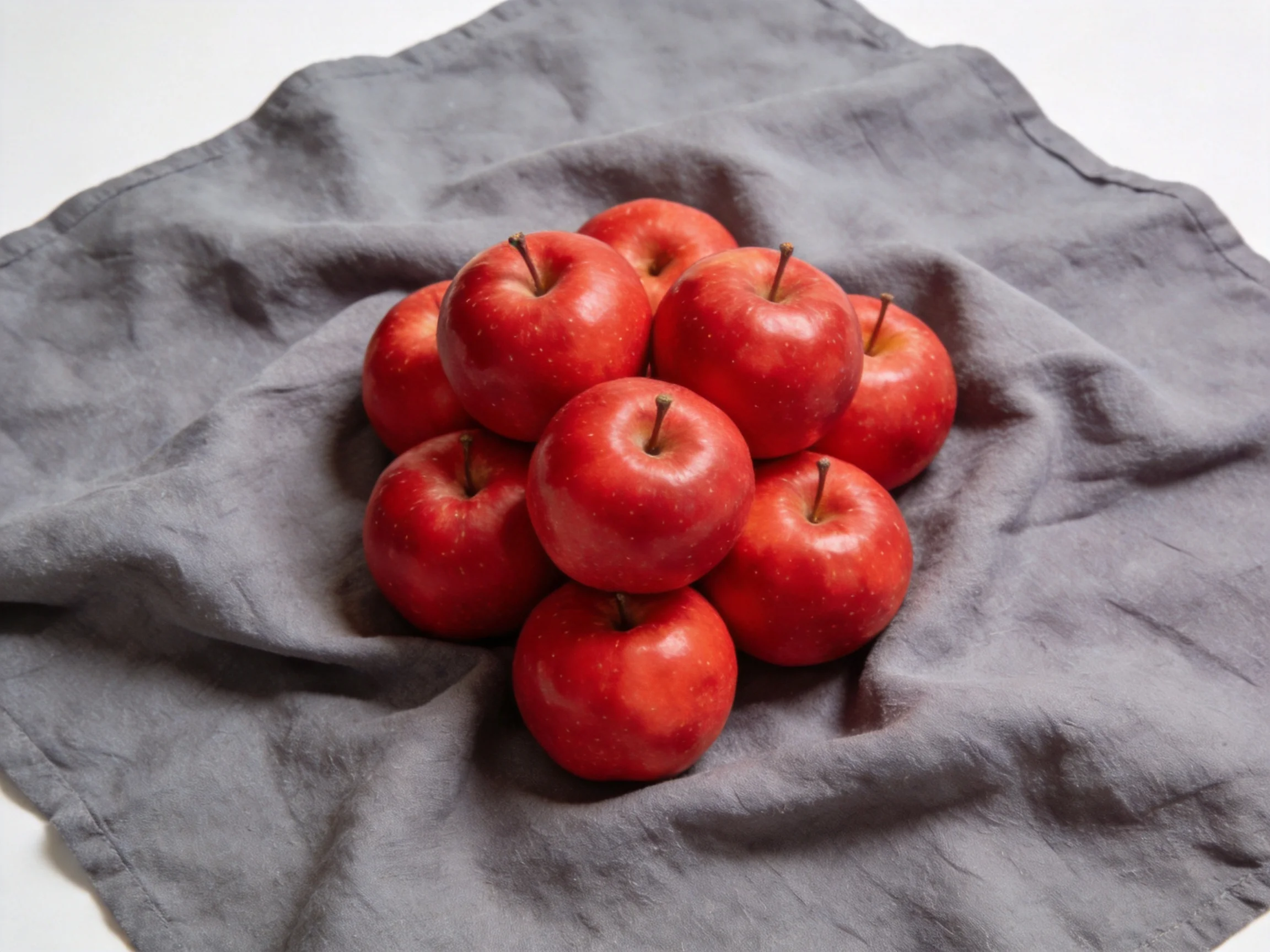 A cluster of vibrant red apples arranged on a soft gray fabric