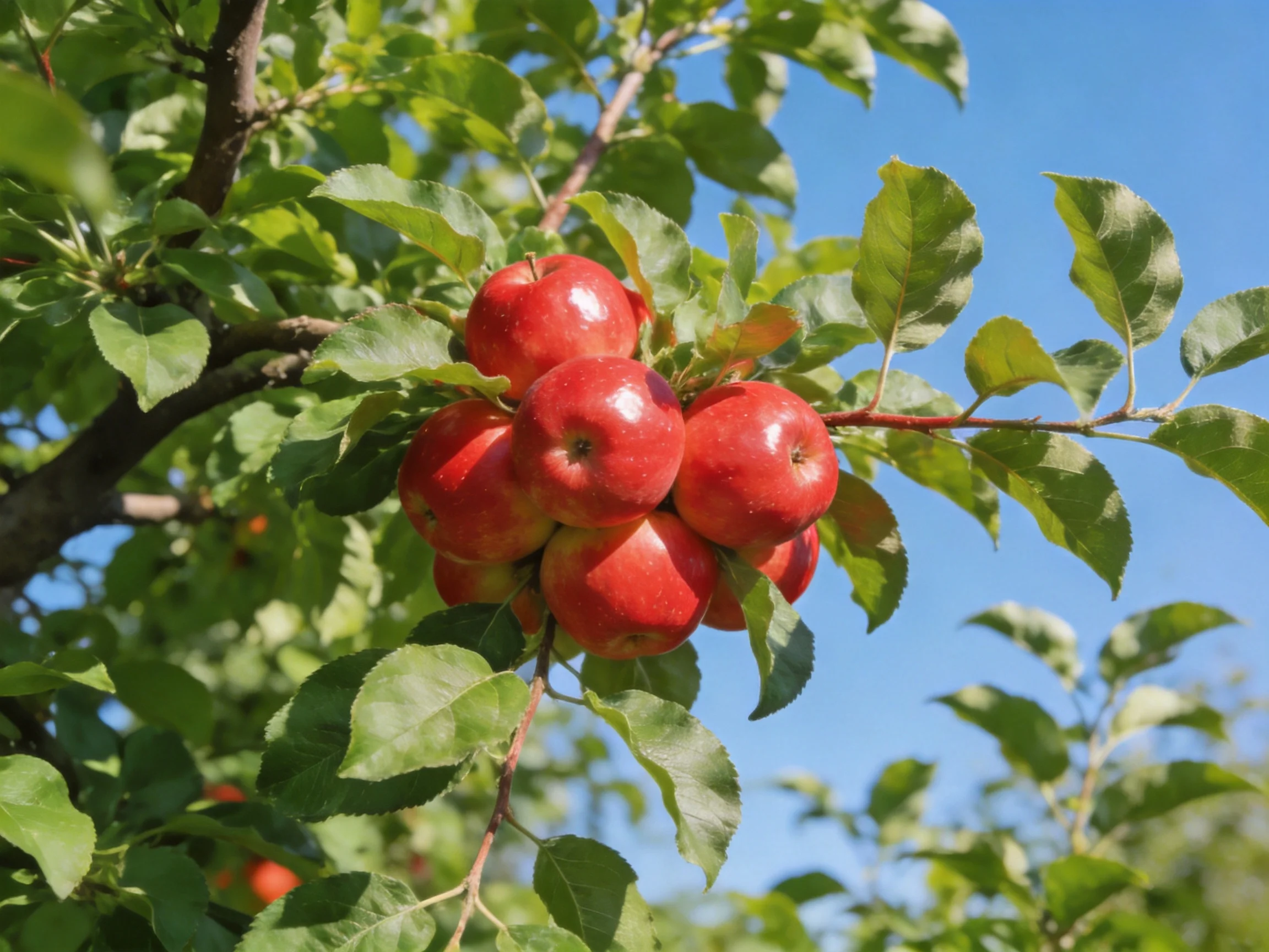 A cluster of vibrant red apples grows on a leafy apple tree