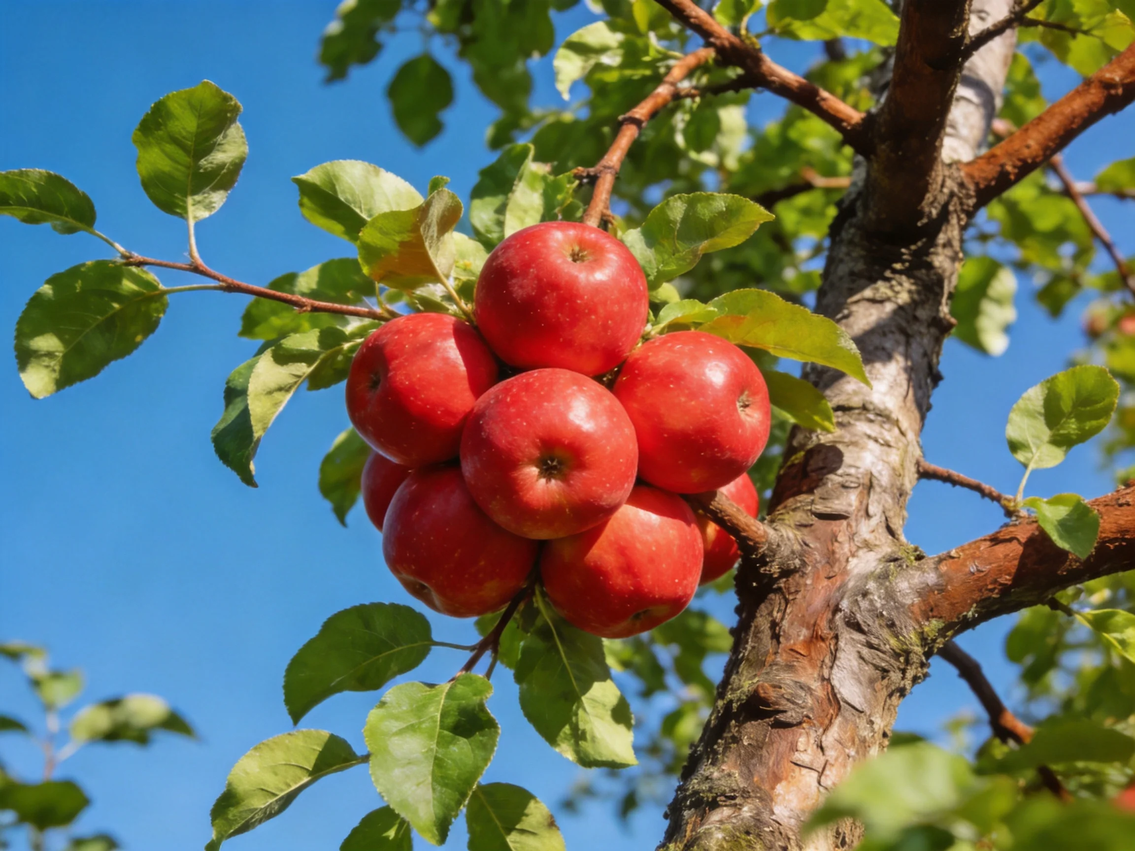 A cluster of vibrant red apples grows on a mature apple tree