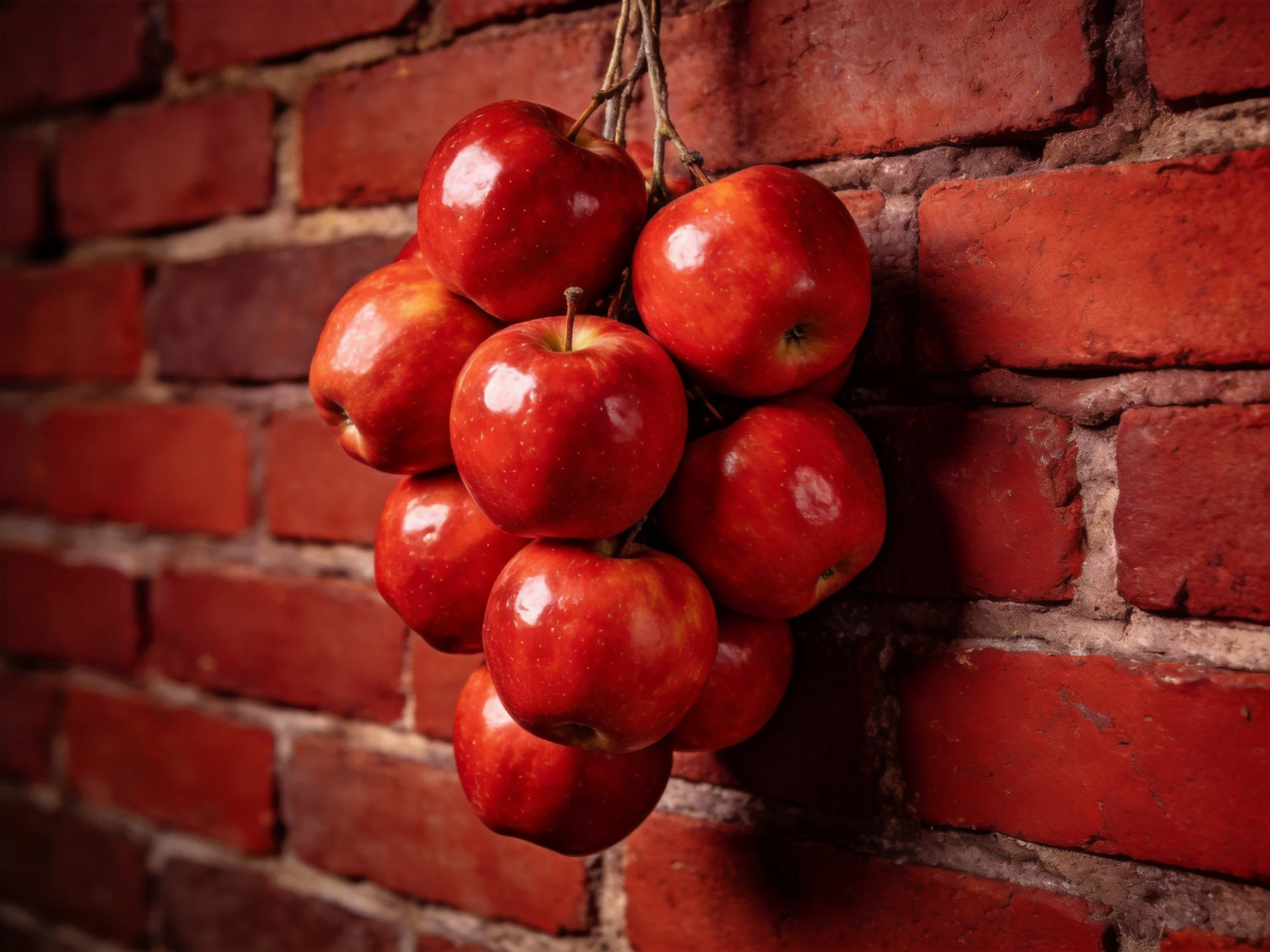 A cluster of vibrant red apples hangs against an aged brick wall