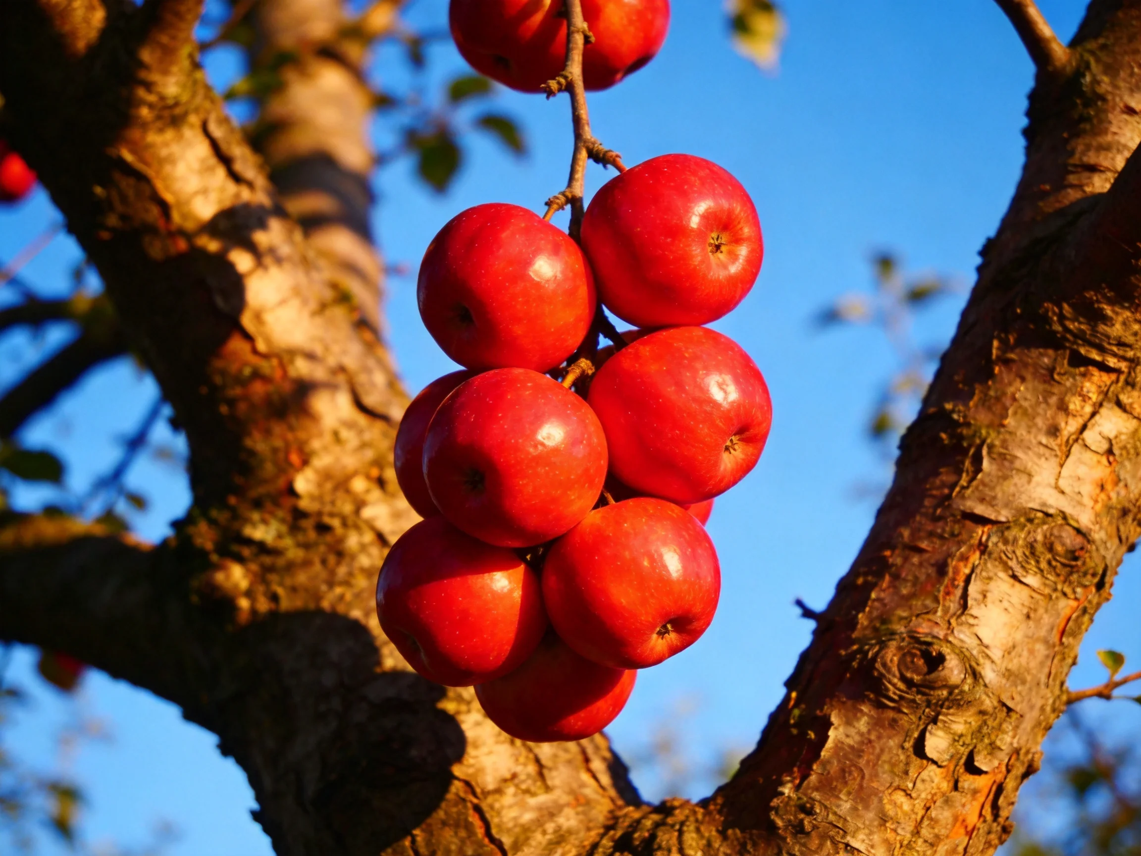 A cluster of vibrant red apples hangs from a gnarled tree branch