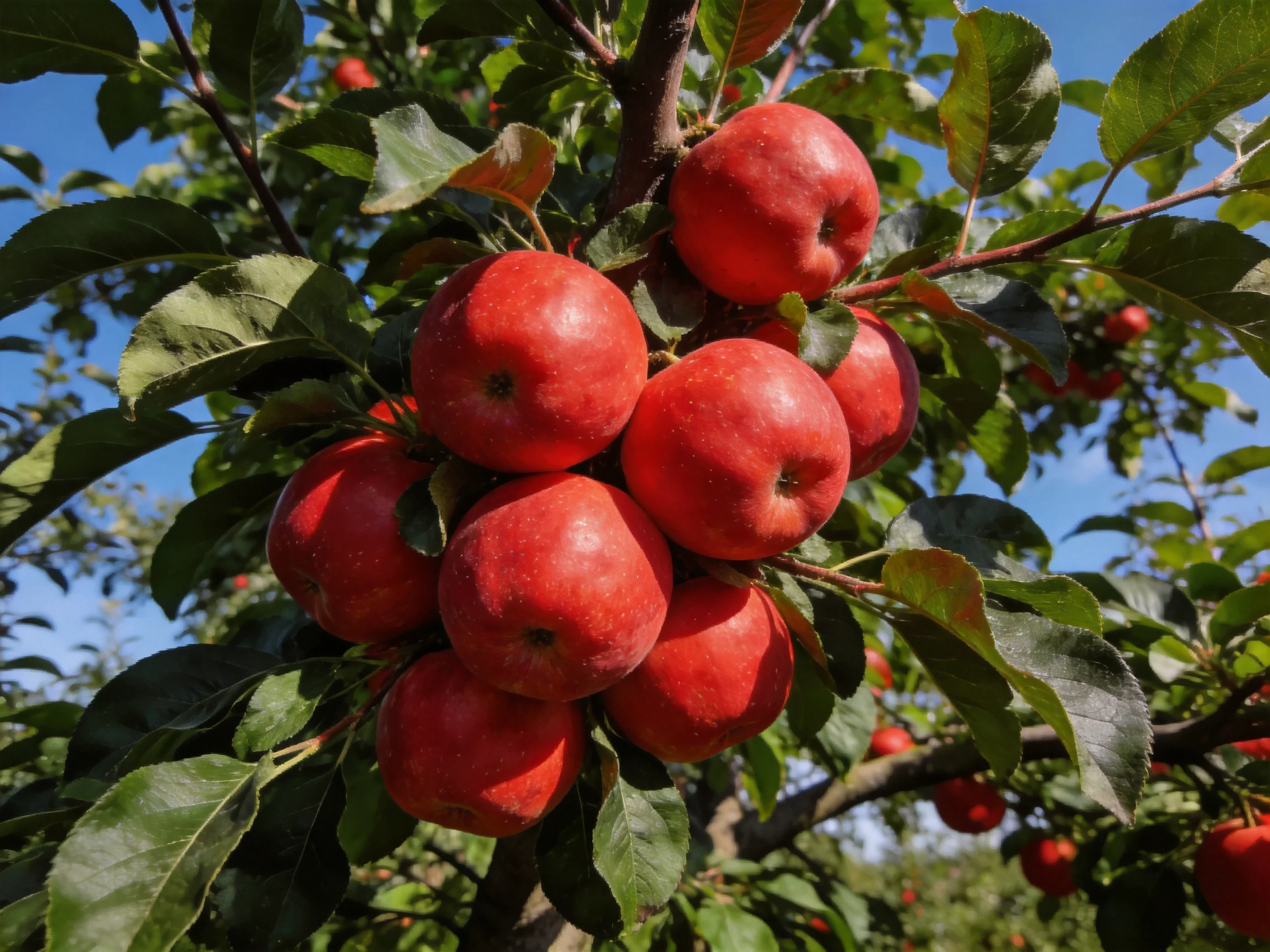 A cluster of vibrant red apples hangs from a leafy apple tree