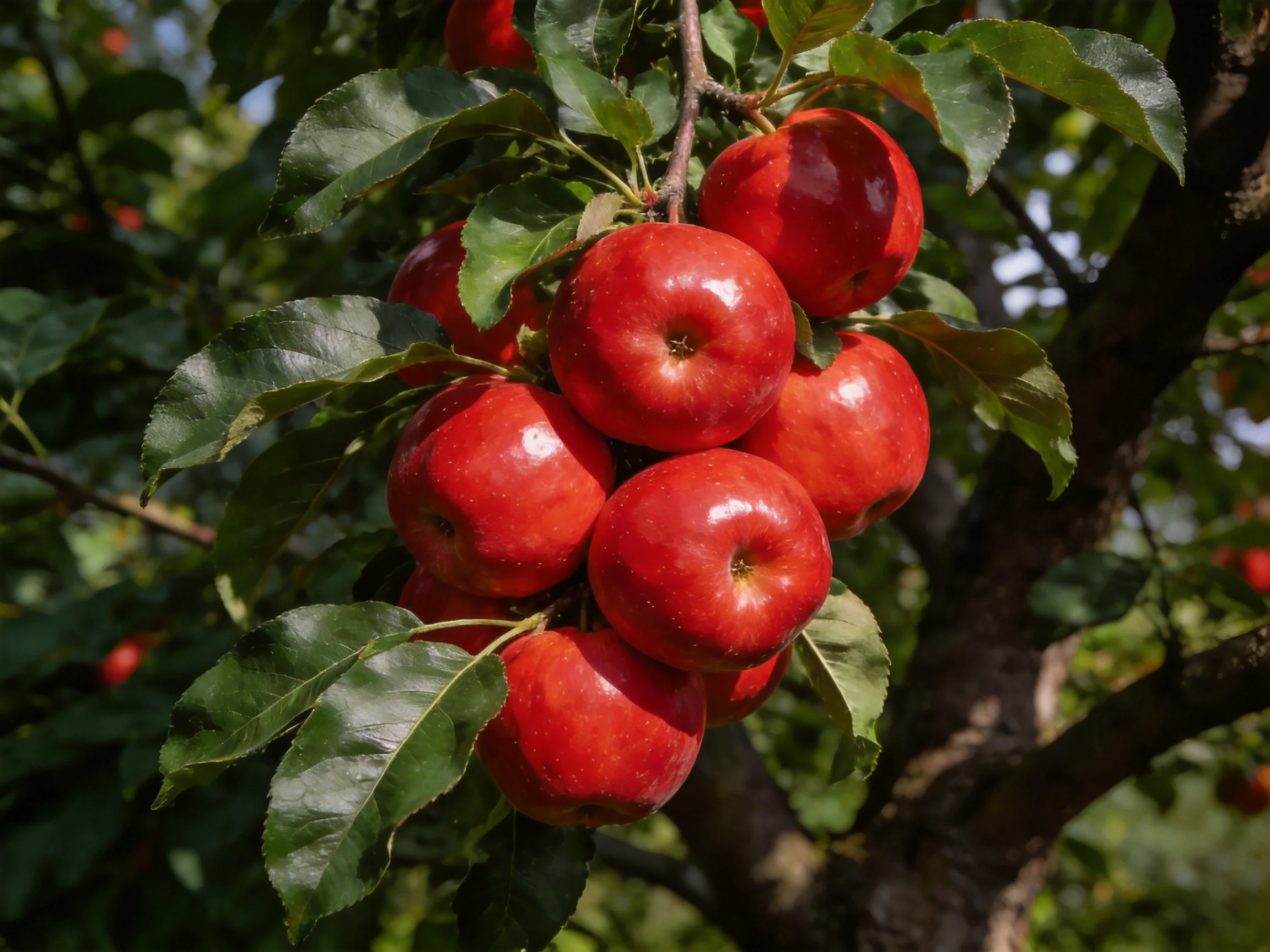 A cluster of vibrant red apples hangs from a leafy apple tree branch