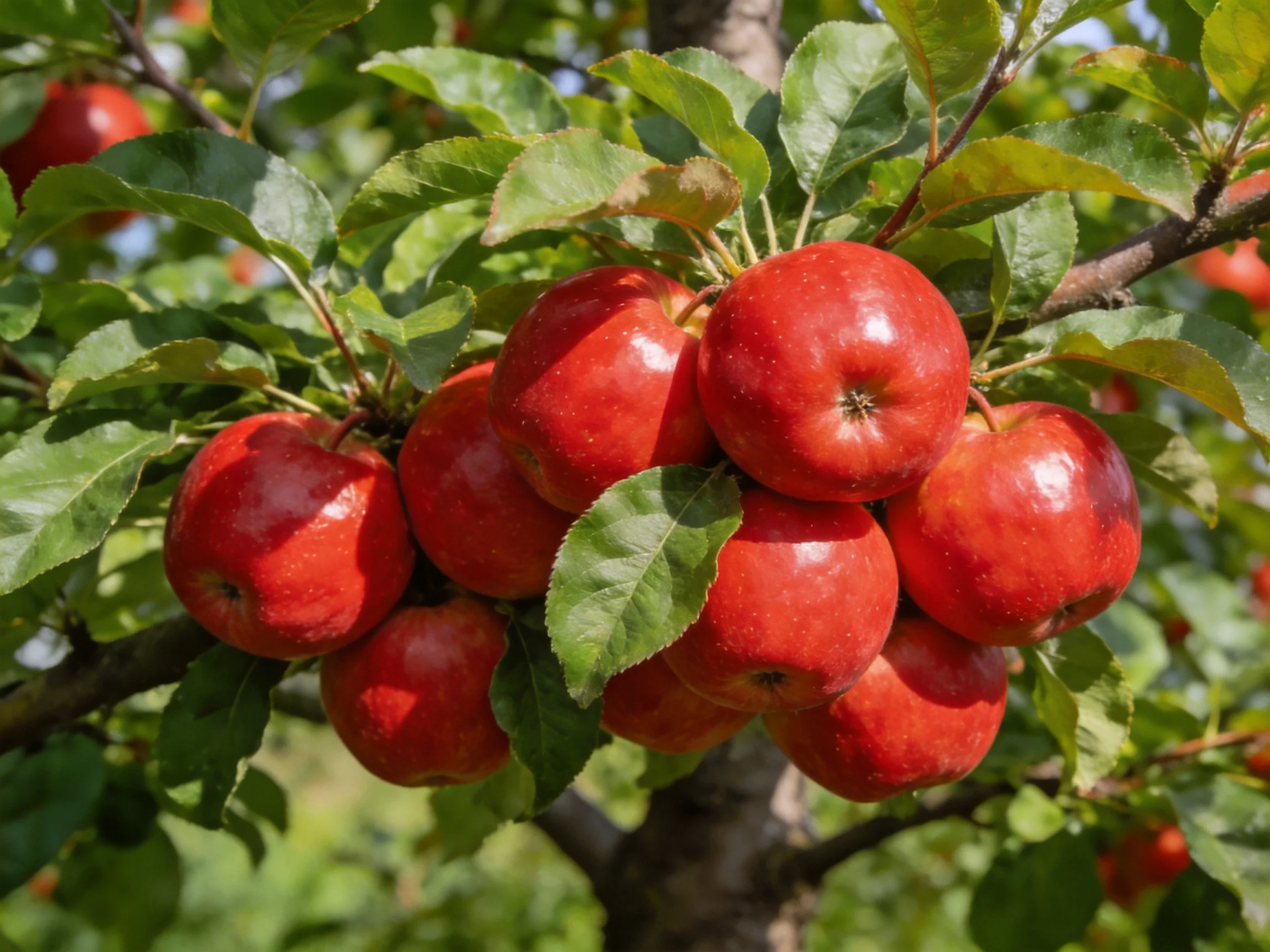 A cluster of vibrant red apples hangs from a leafy apple tree branch