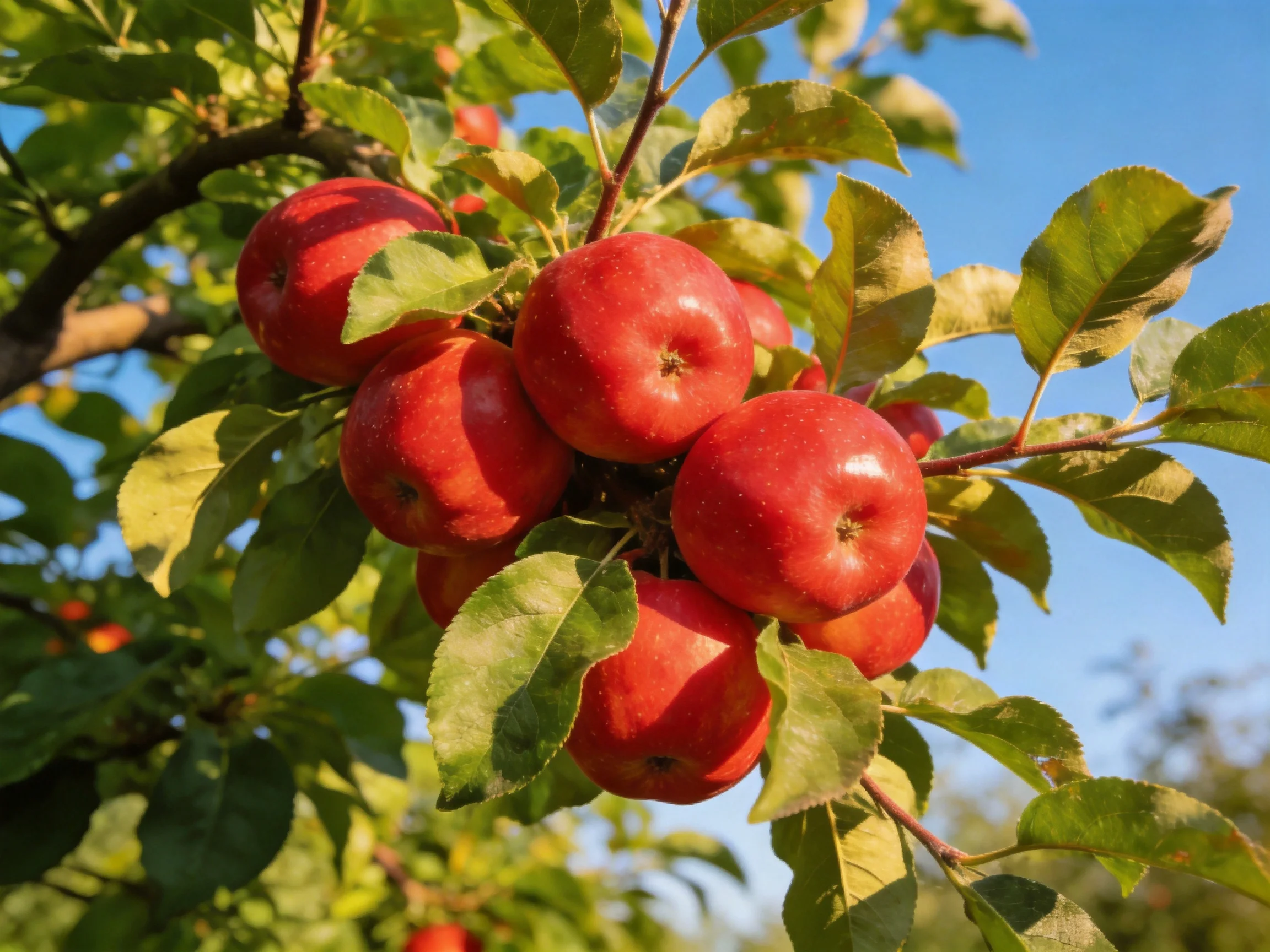 A cluster of vibrant red apples hangs from a leafy apple tree branch