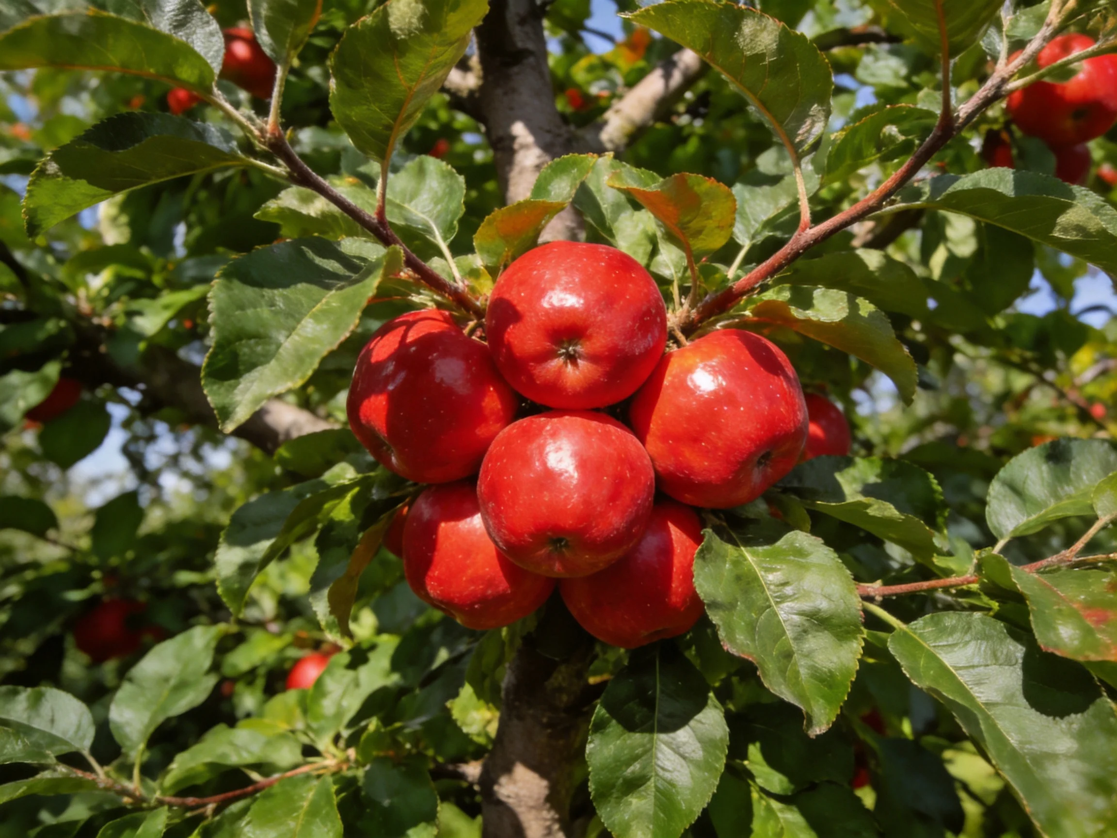 A cluster of vibrant red apples hangs from a leafy apple tree branch