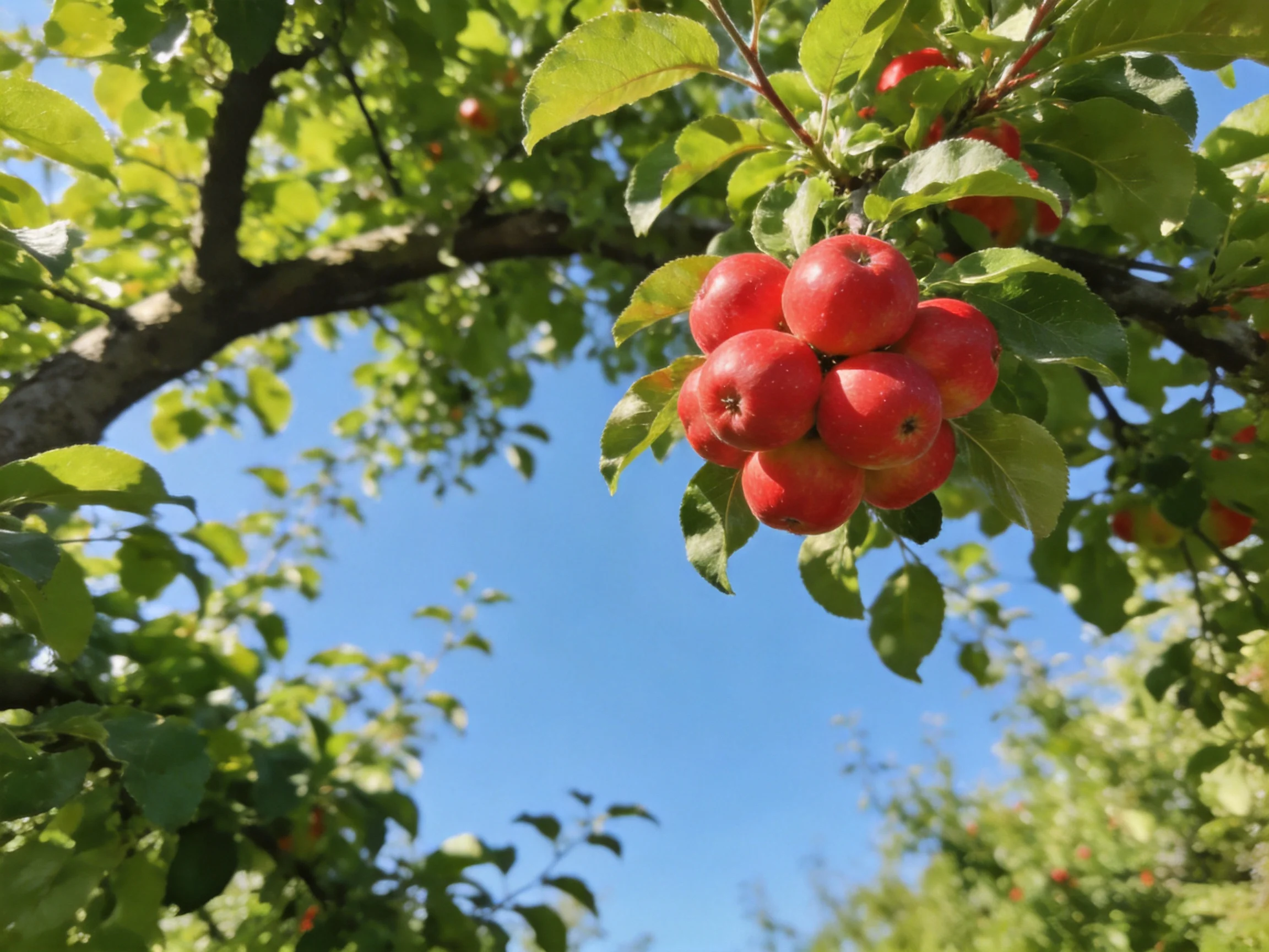 A cluster of vibrant red apples hangs from a leafy apple tree under a clear blue sky