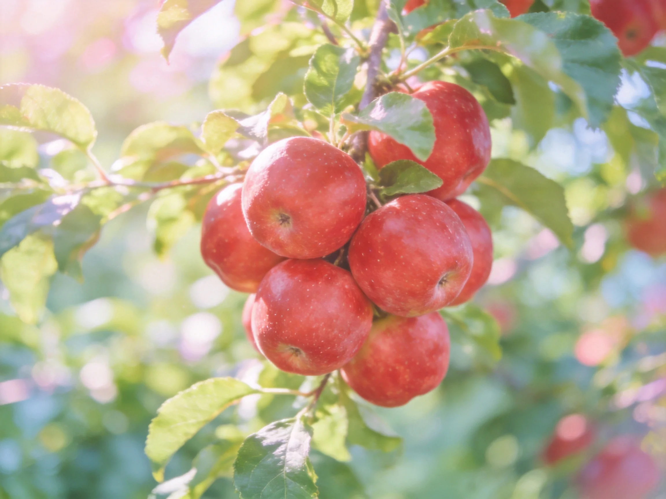 A cluster of vibrant red apples hangs from a sun-dappled apple tree branch.