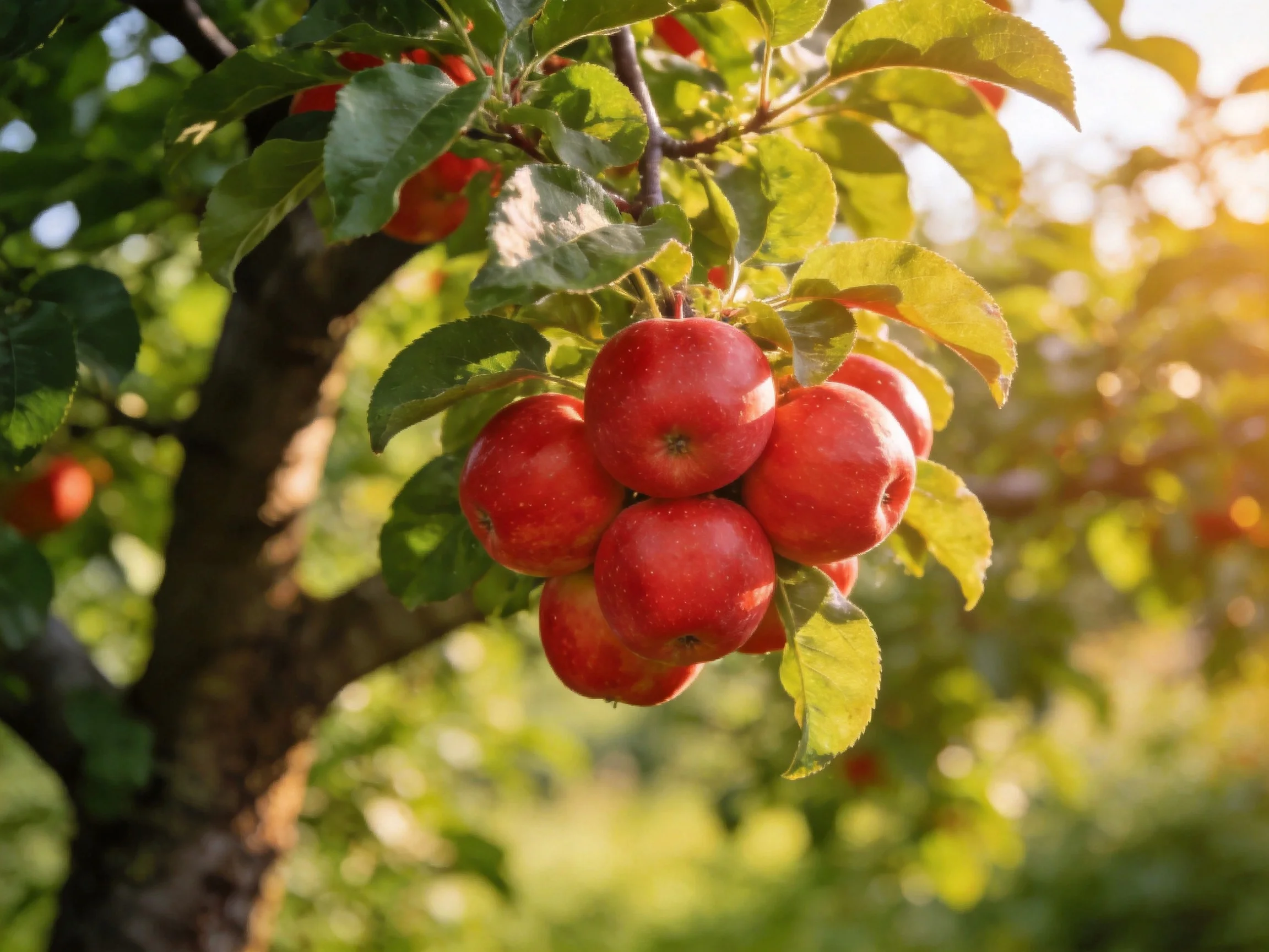 A cluster of vibrant red apples hangs from a sun-drenched apple tree