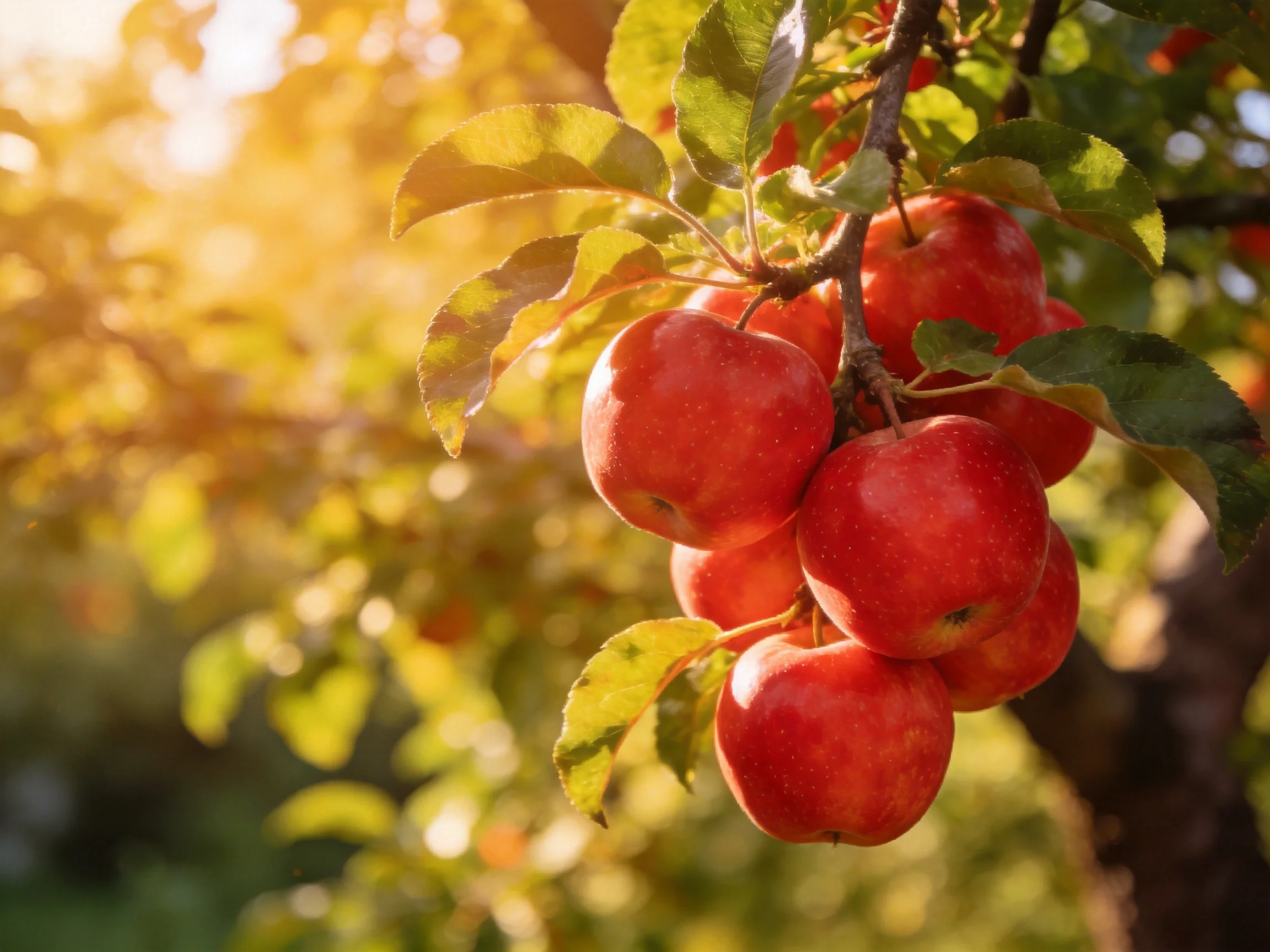 A cluster of vibrant red apples hangs from a sunlit apple tree branch