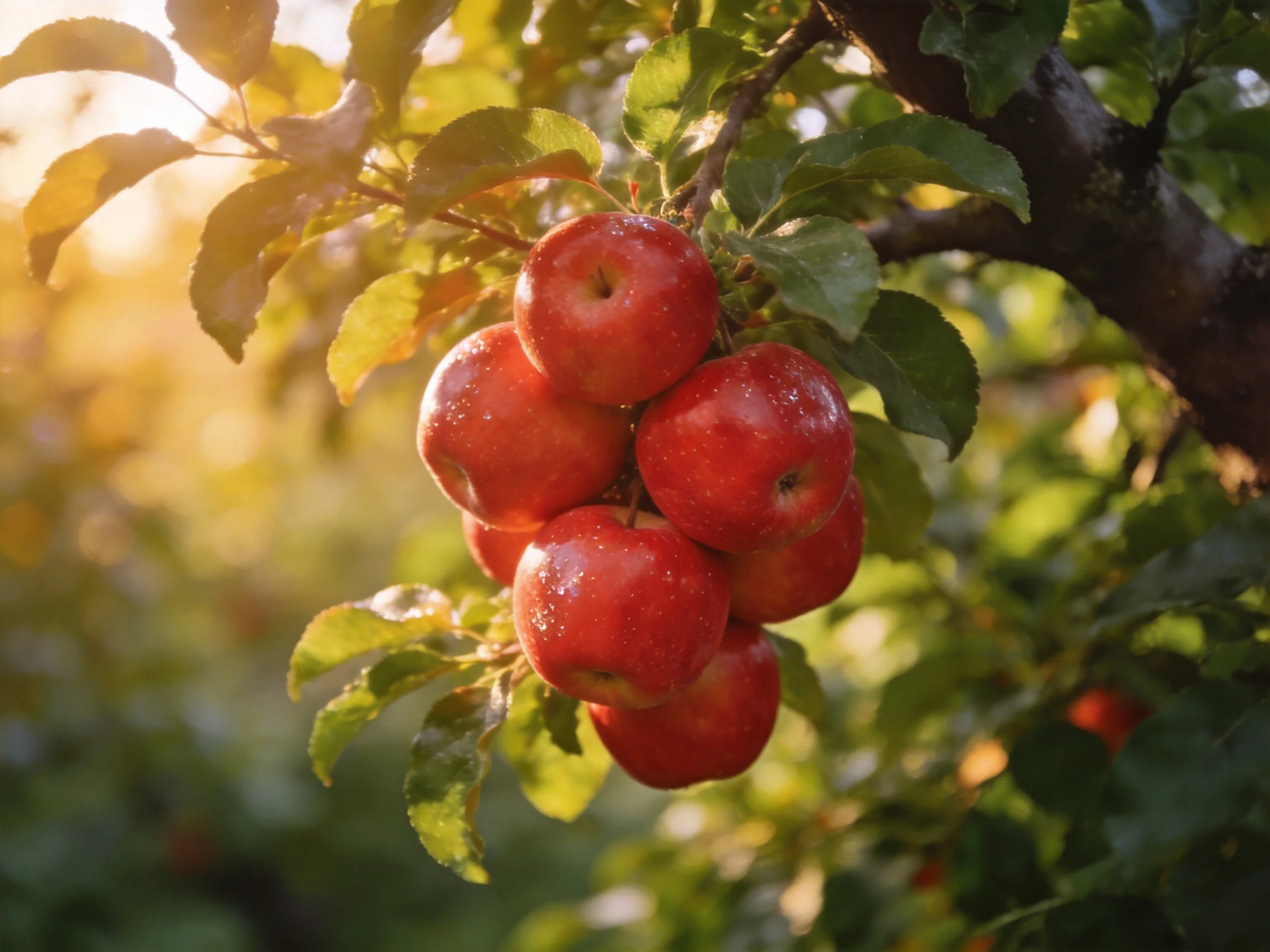 A cluster of vibrant red apples hangs from a tree bathed in golden sunlight