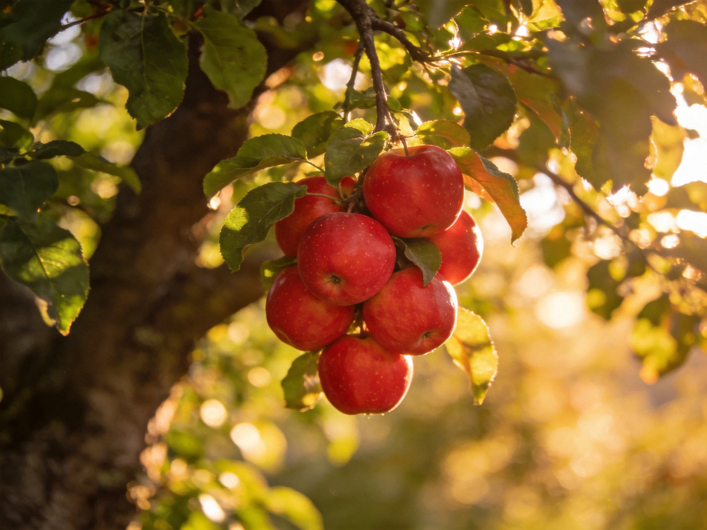 A cluster of vibrant red apples hangs from a tree branch