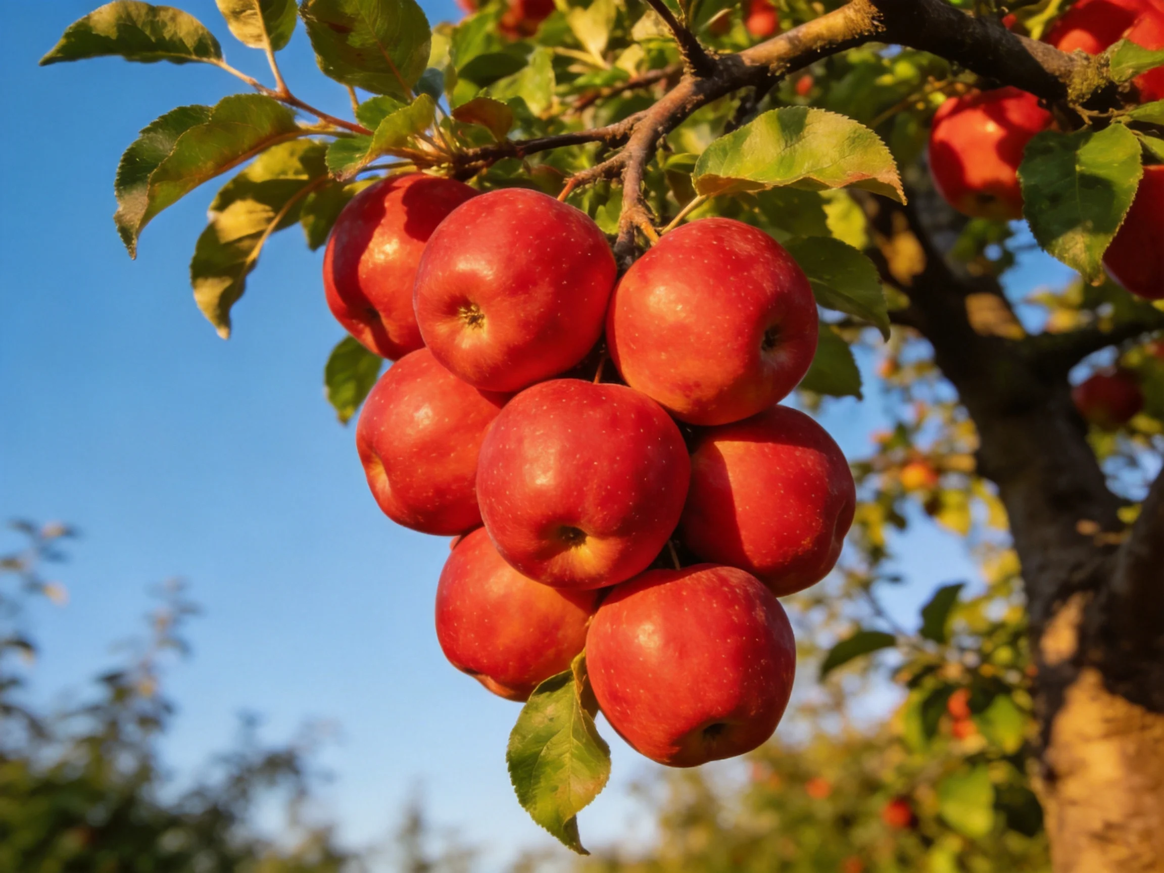 A cluster of vibrant red apples hangs from a tree branch