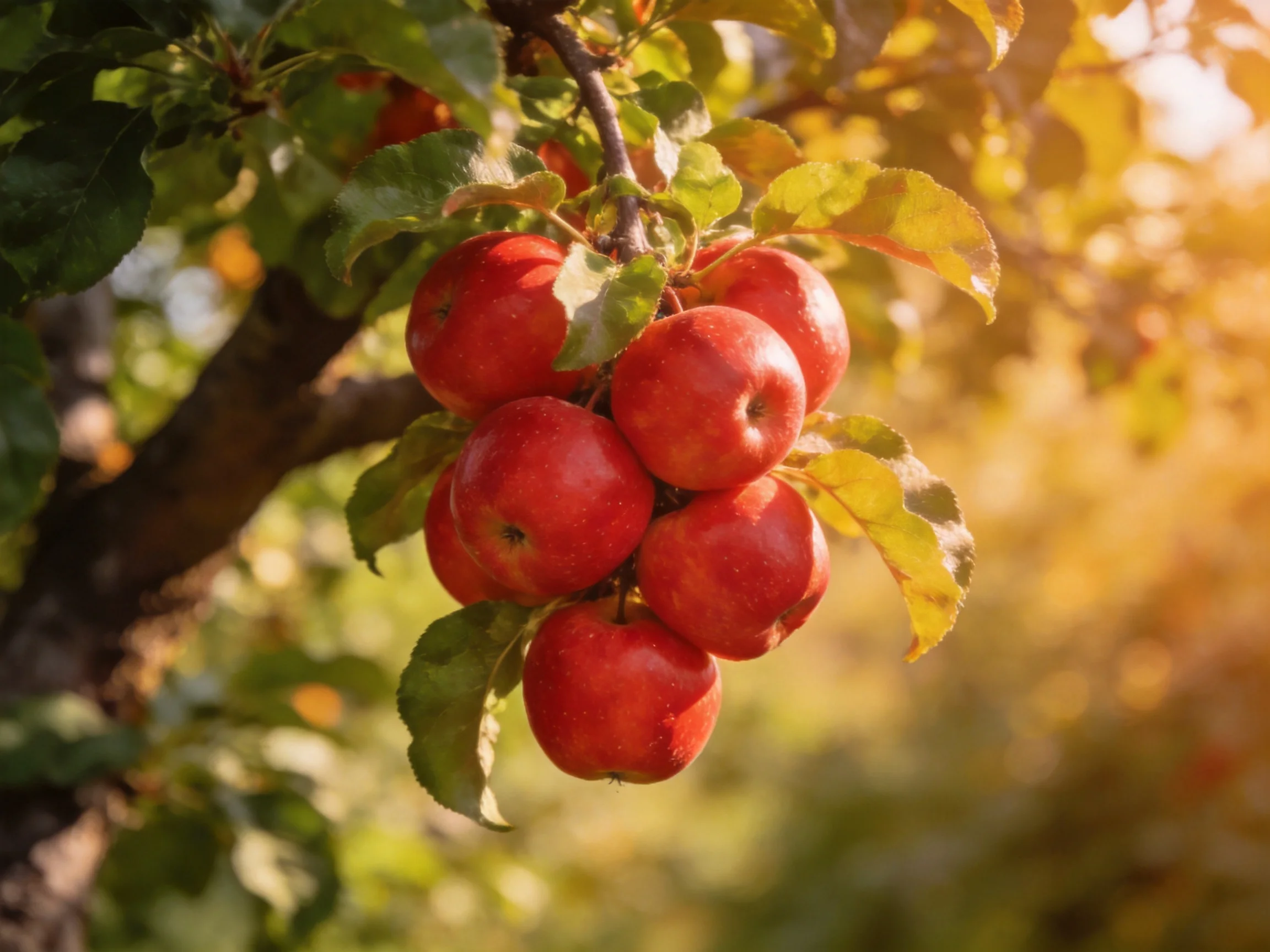 A cluster of vibrant red apples hangs from a tree branch
