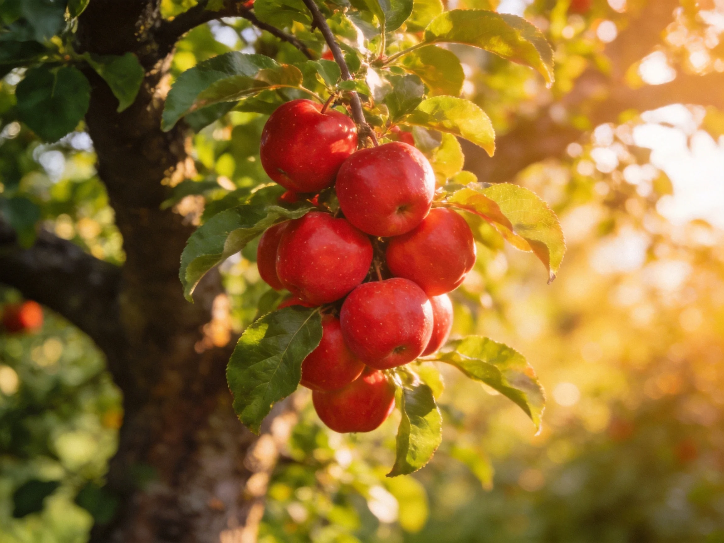 A cluster of vibrant red apples hangs from a tree in golden sunlight