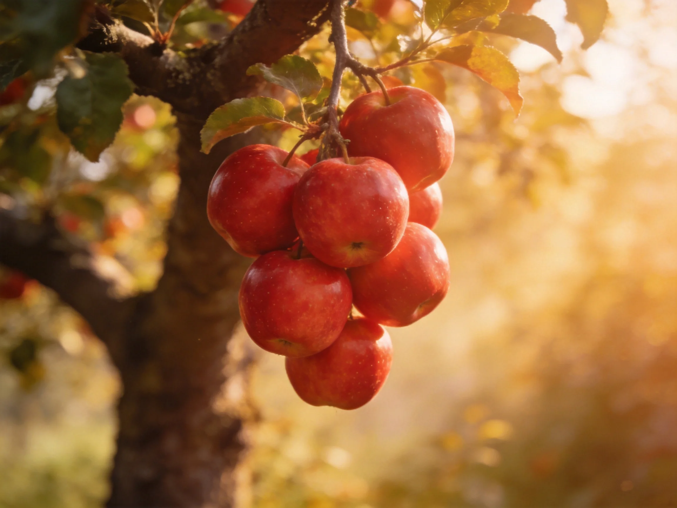 A cluster of vibrant red apples hangs from an apple tree in golden sunlight