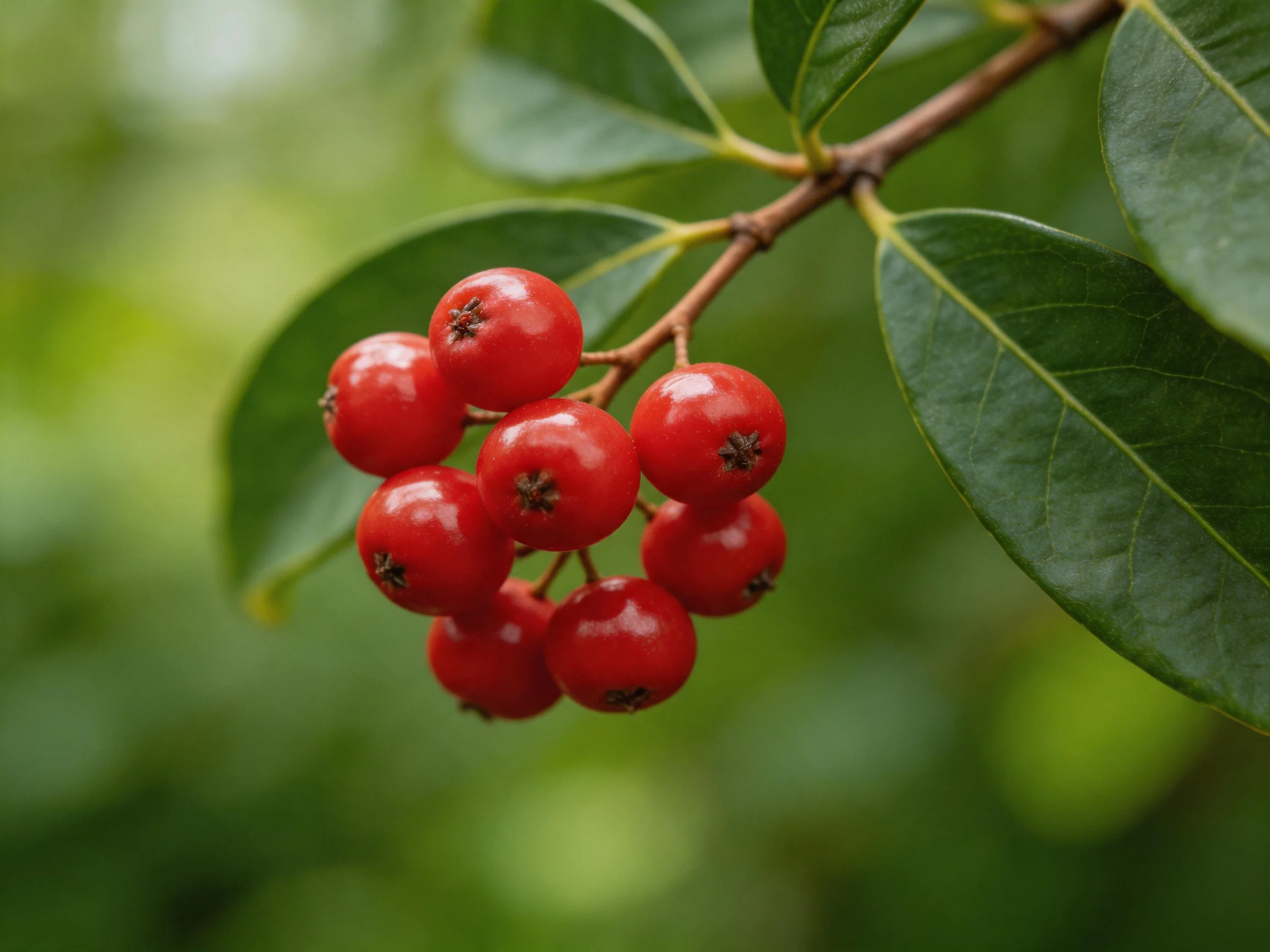A cluster of vibrant red berries adorns a branch with glossy green leaves