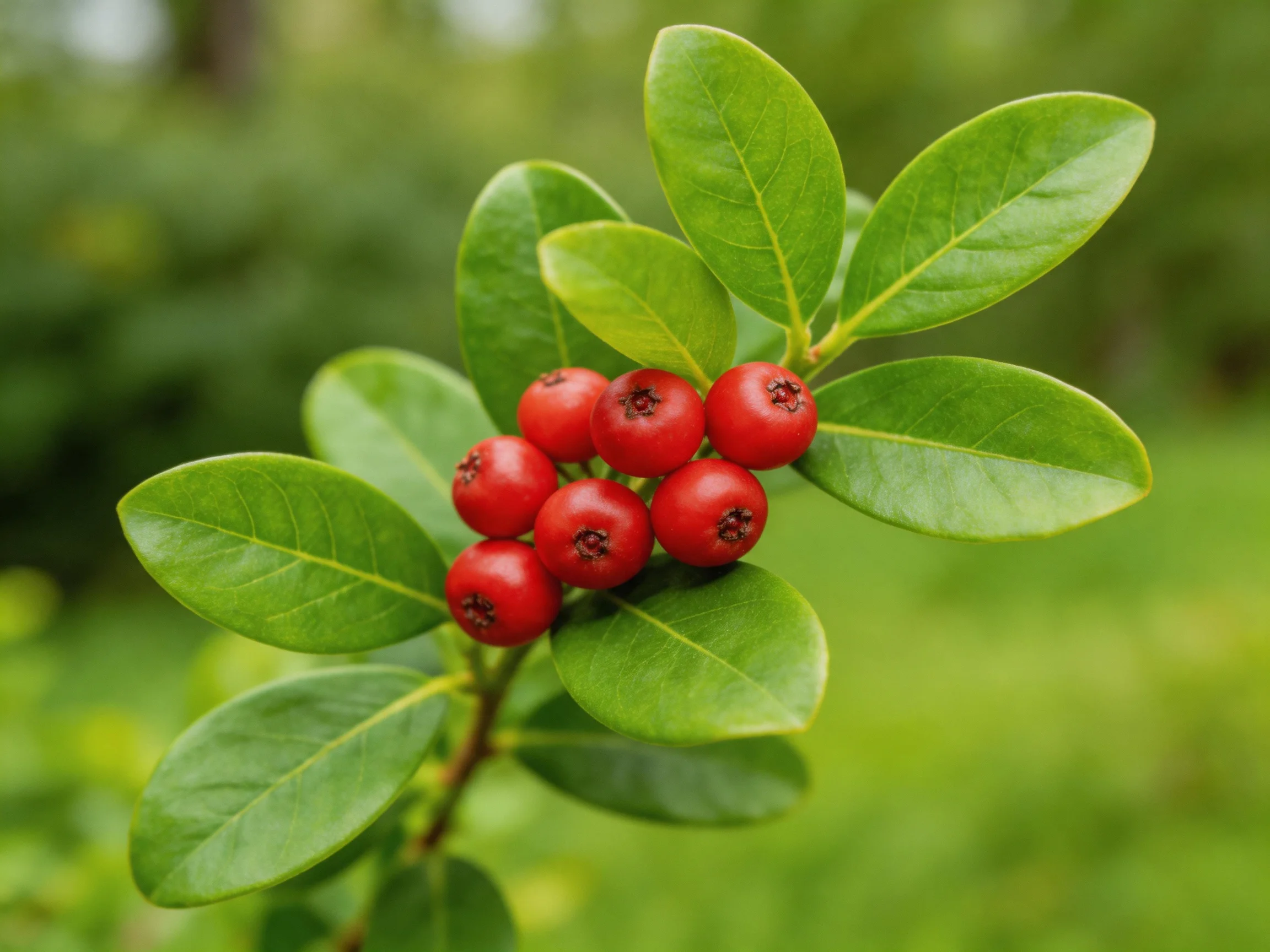 A cluster of vibrant red berries amid glossy green leaves