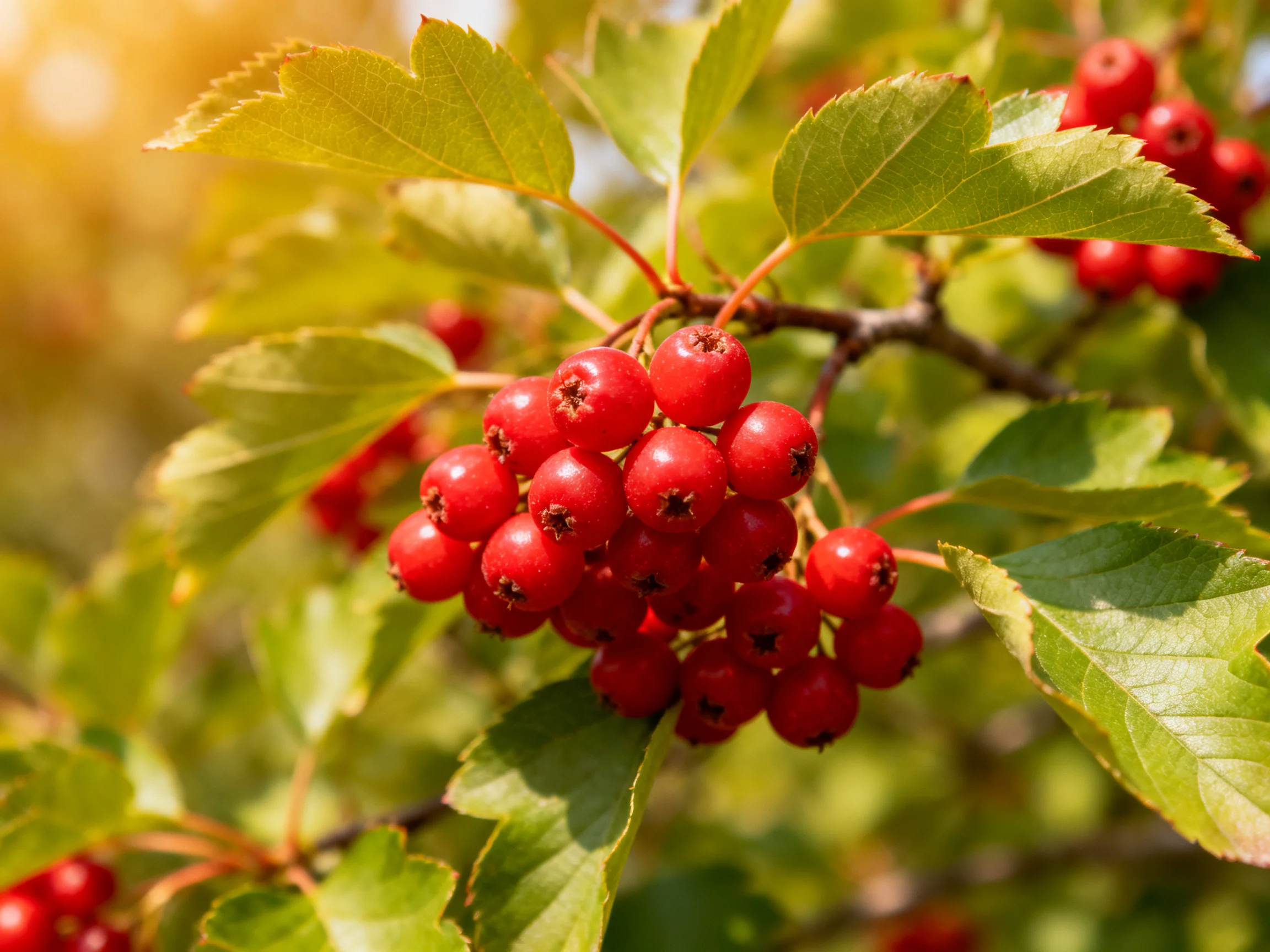 A cluster of vibrant red berries hangs among lush green leaves