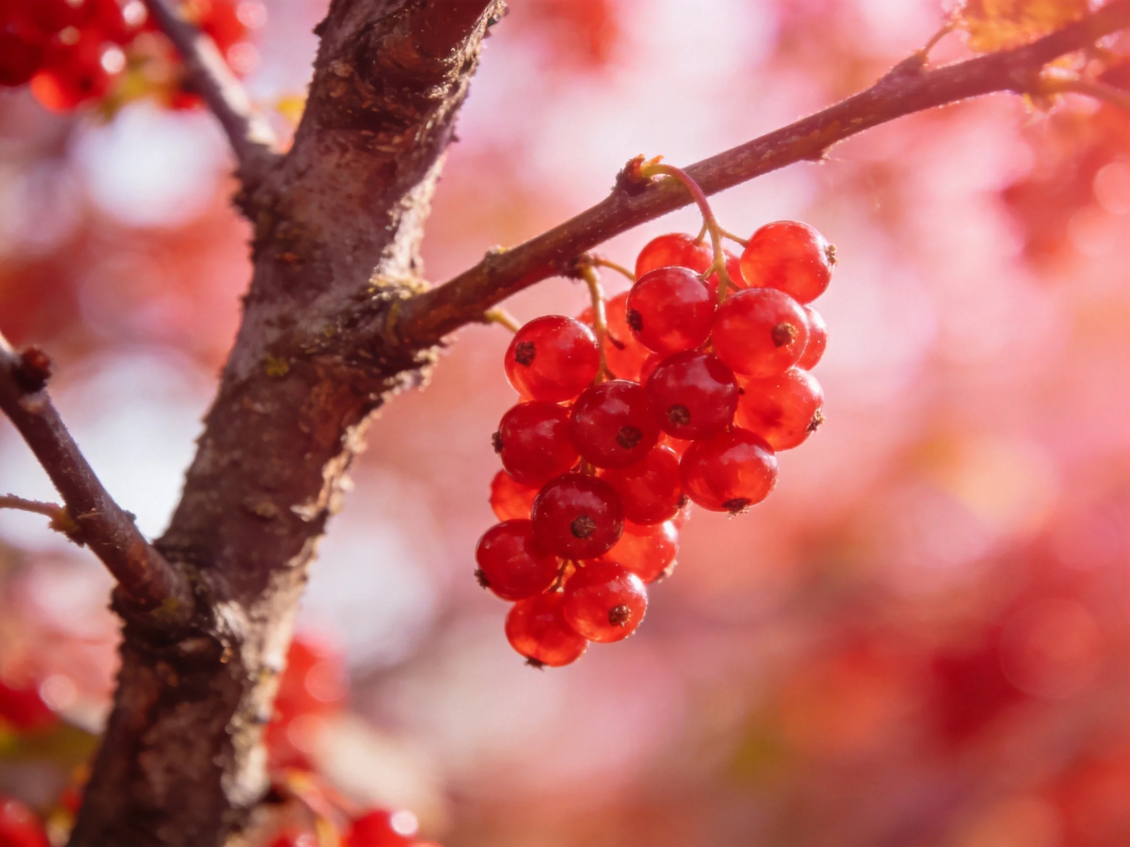 A cluster of vibrant red berries hangs from a gnarled tree branch
