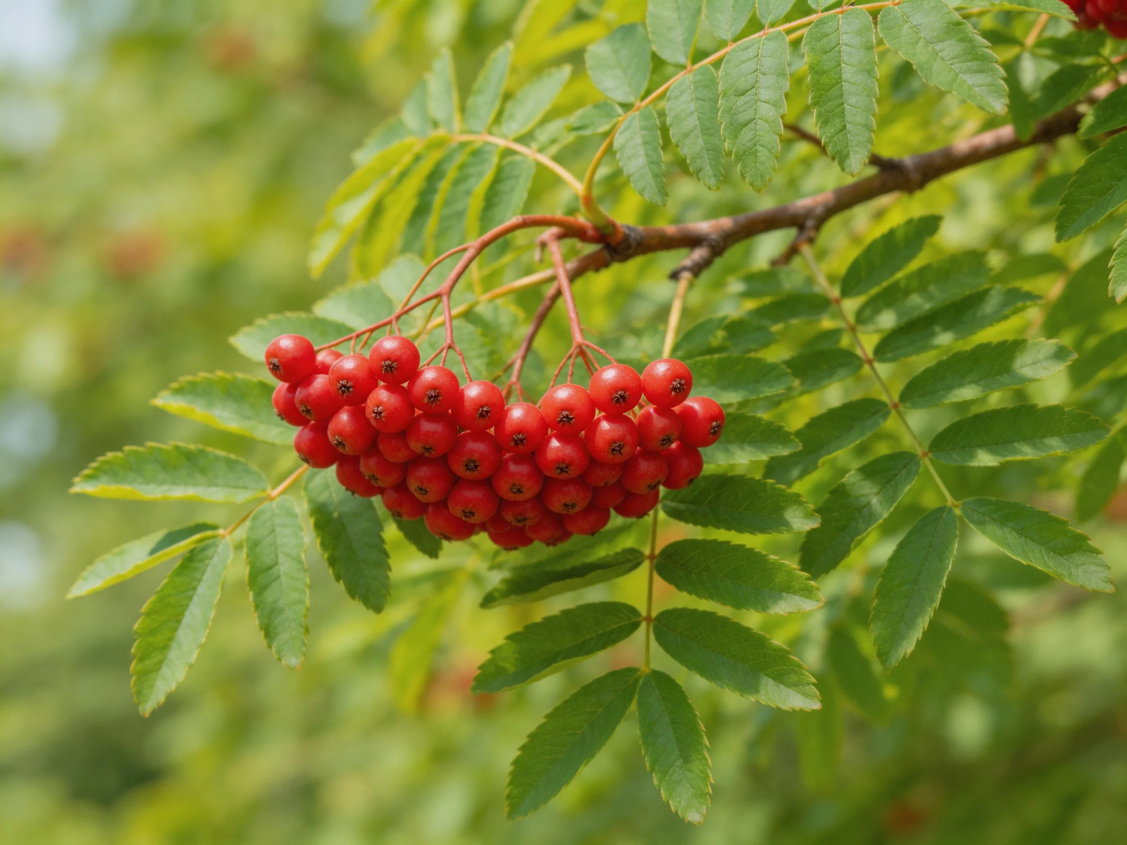 A cluster of vibrant red berries hangs from a leafy branch