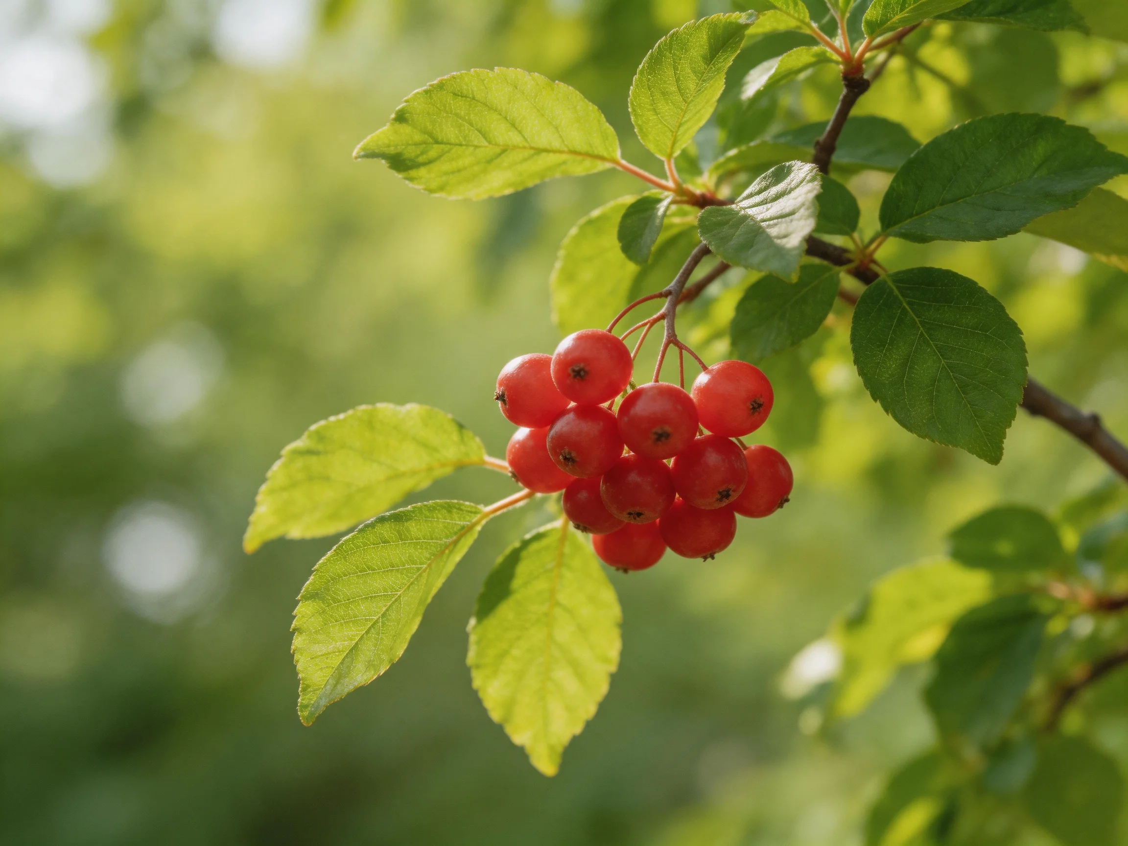A cluster of vibrant red berries hangs from a leafy branch