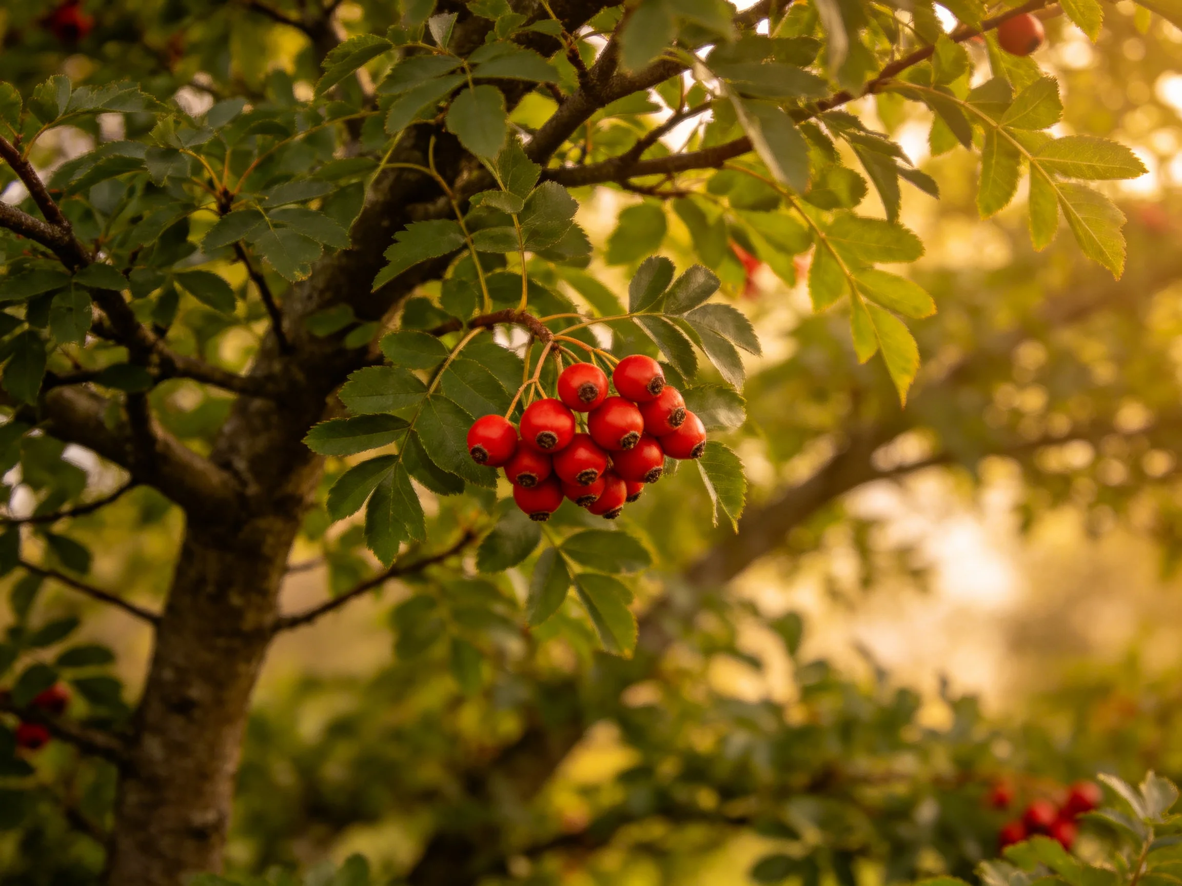 A cluster of vibrant red berries hangs from a leafy tree bathed in golden light.