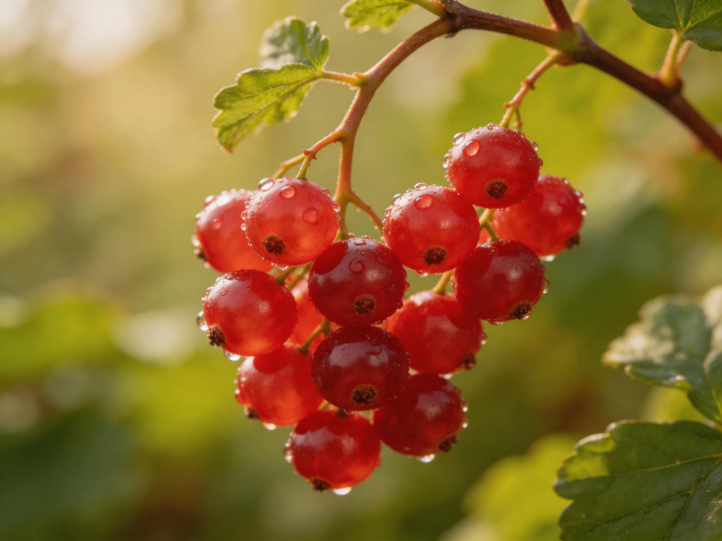 A cluster of vibrant red berries with dew drops on green foliage