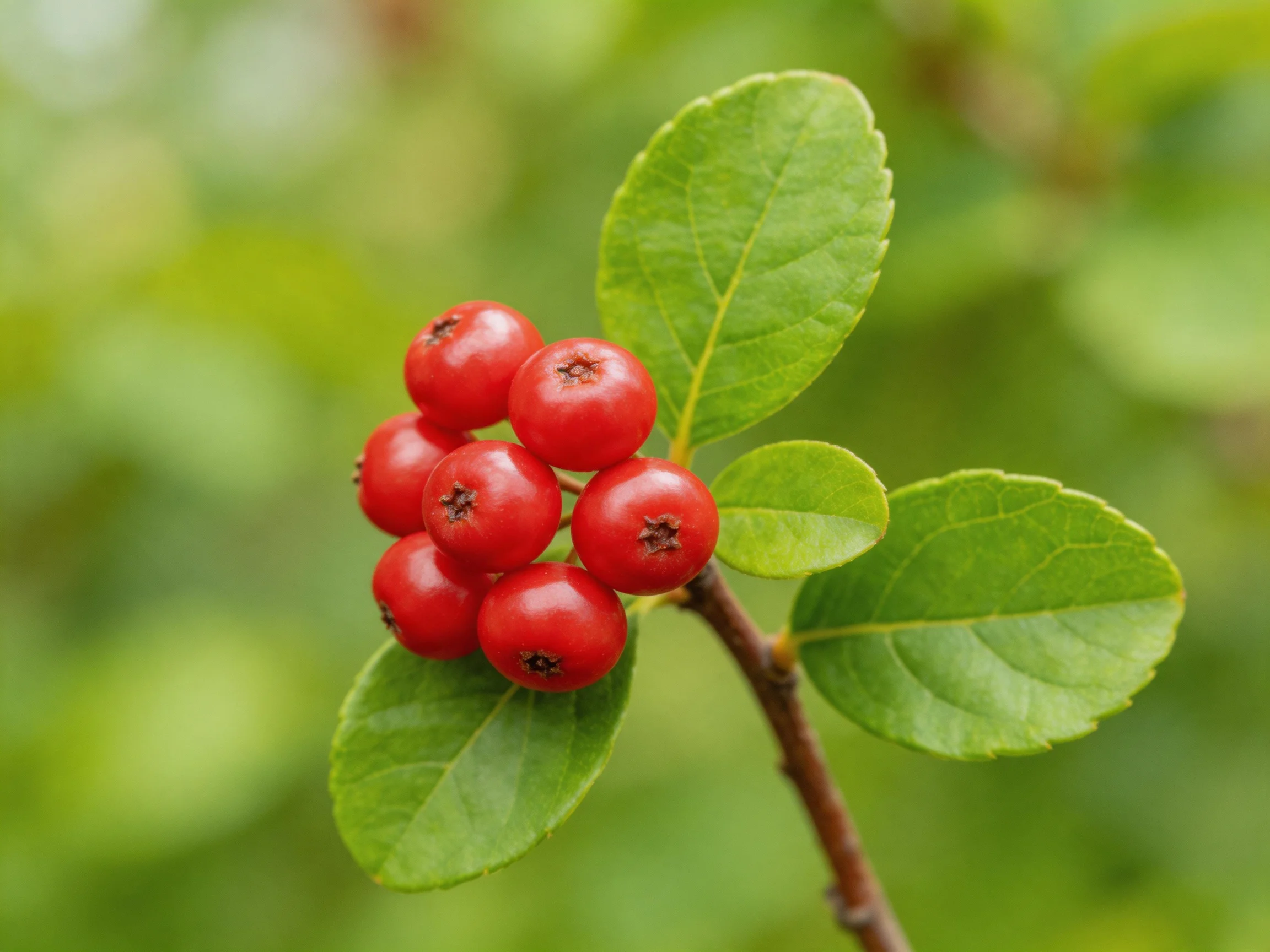 A cluster of vibrant red berries with glossy green leaves on a slender brown branch