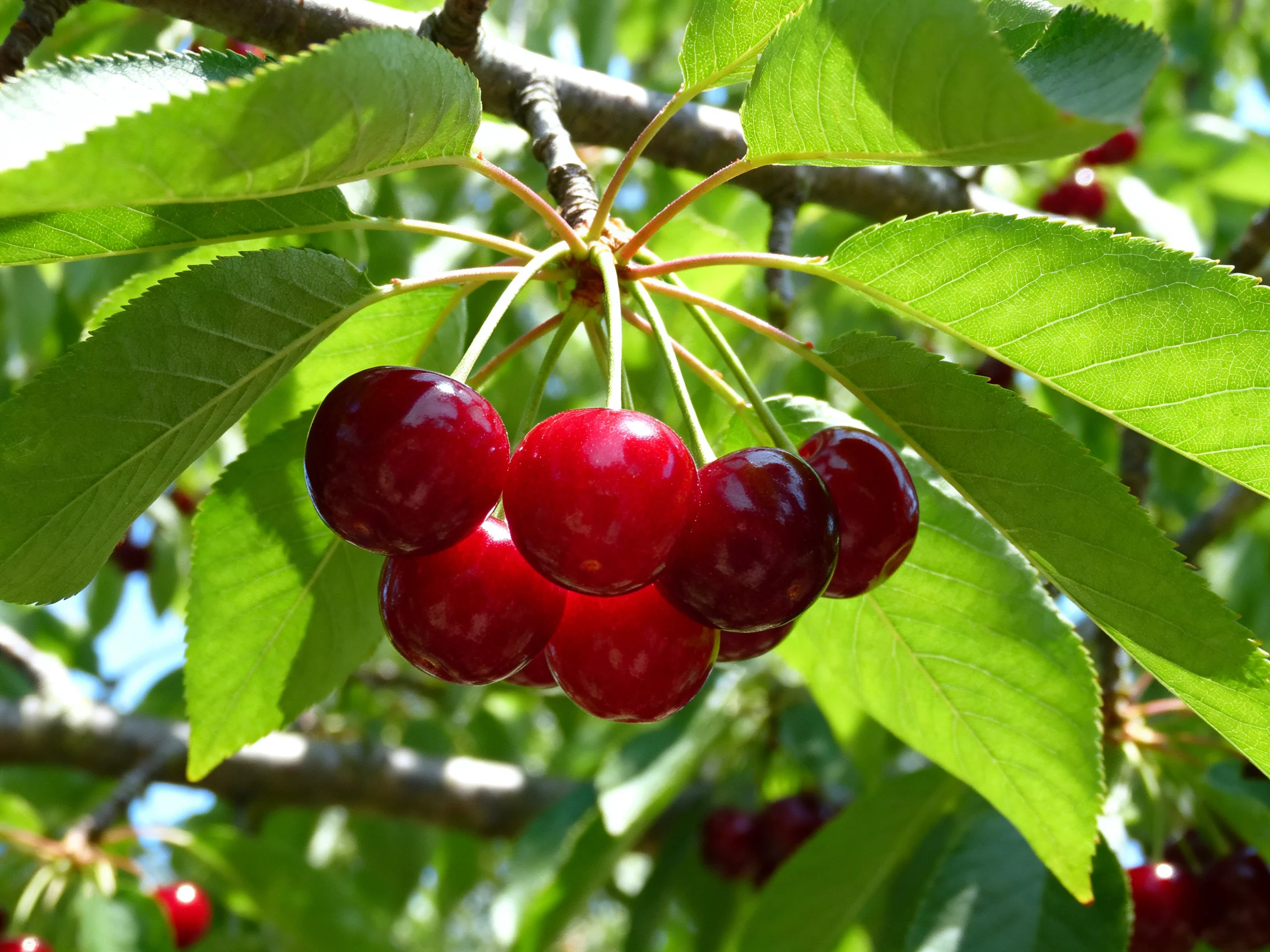 A cluster of vibrant red cherries hangs among lush green leaves