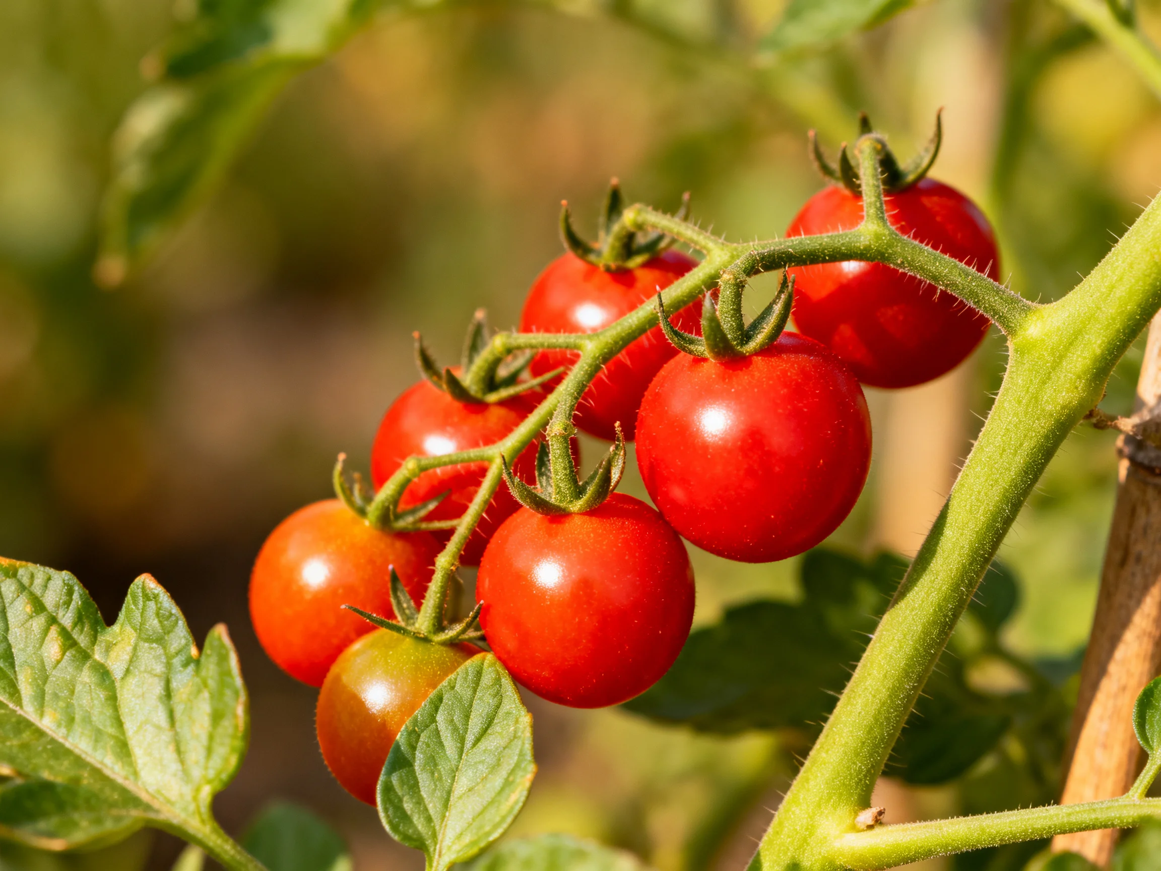 A cluster of vibrant red cherry tomatoes on a green vine