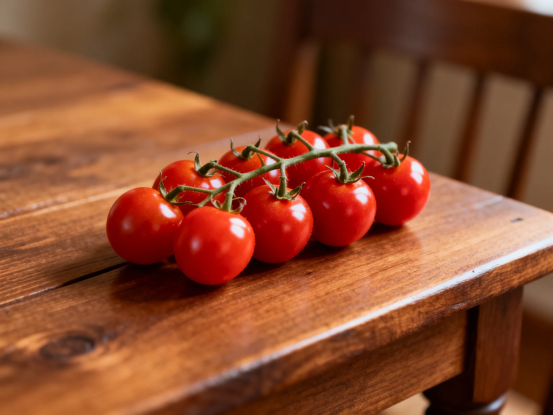 A cluster of vibrant red cherry tomatoes on a polished wooden table