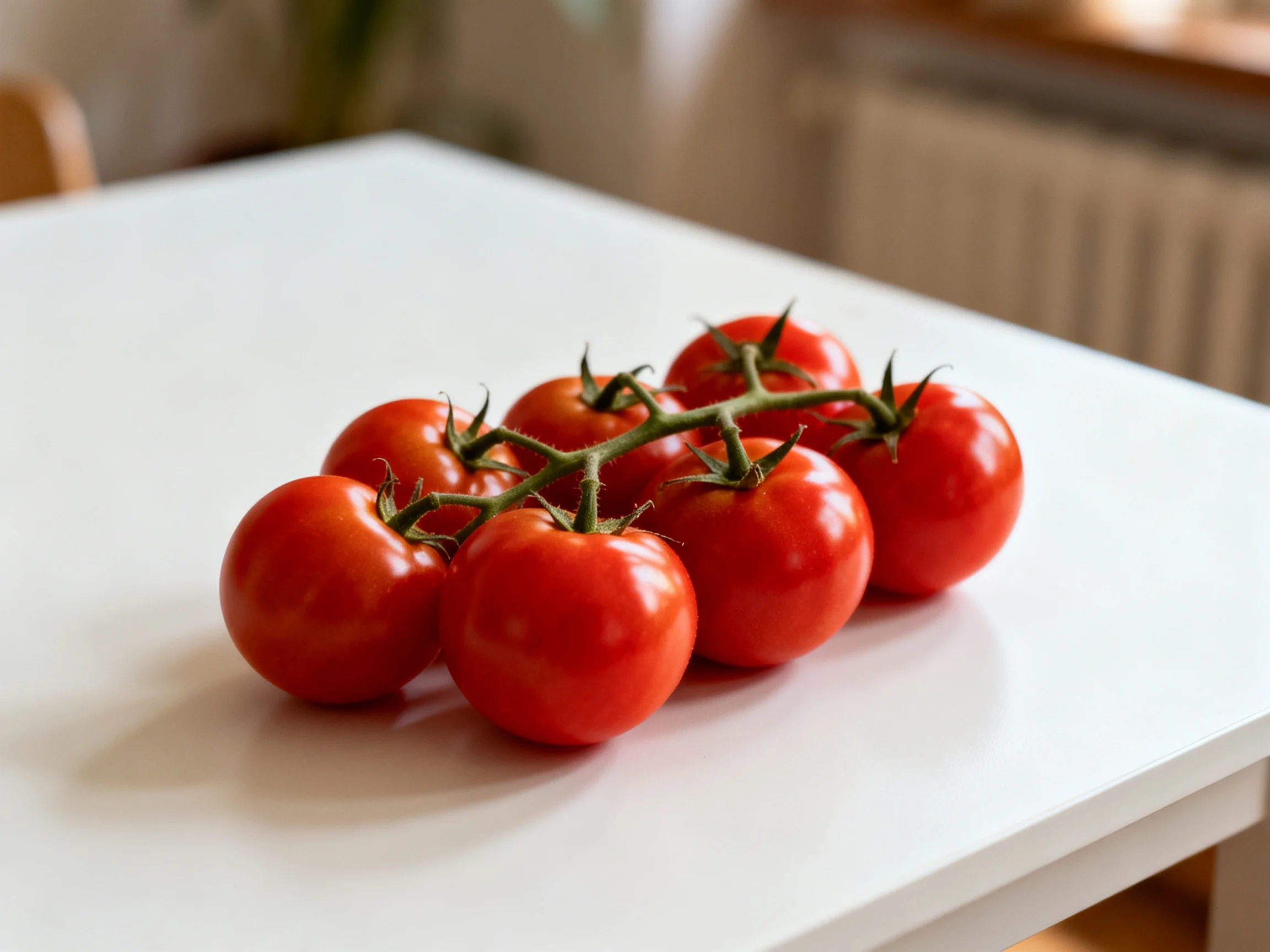 A cluster of vibrant red cherry tomatoes on a white table