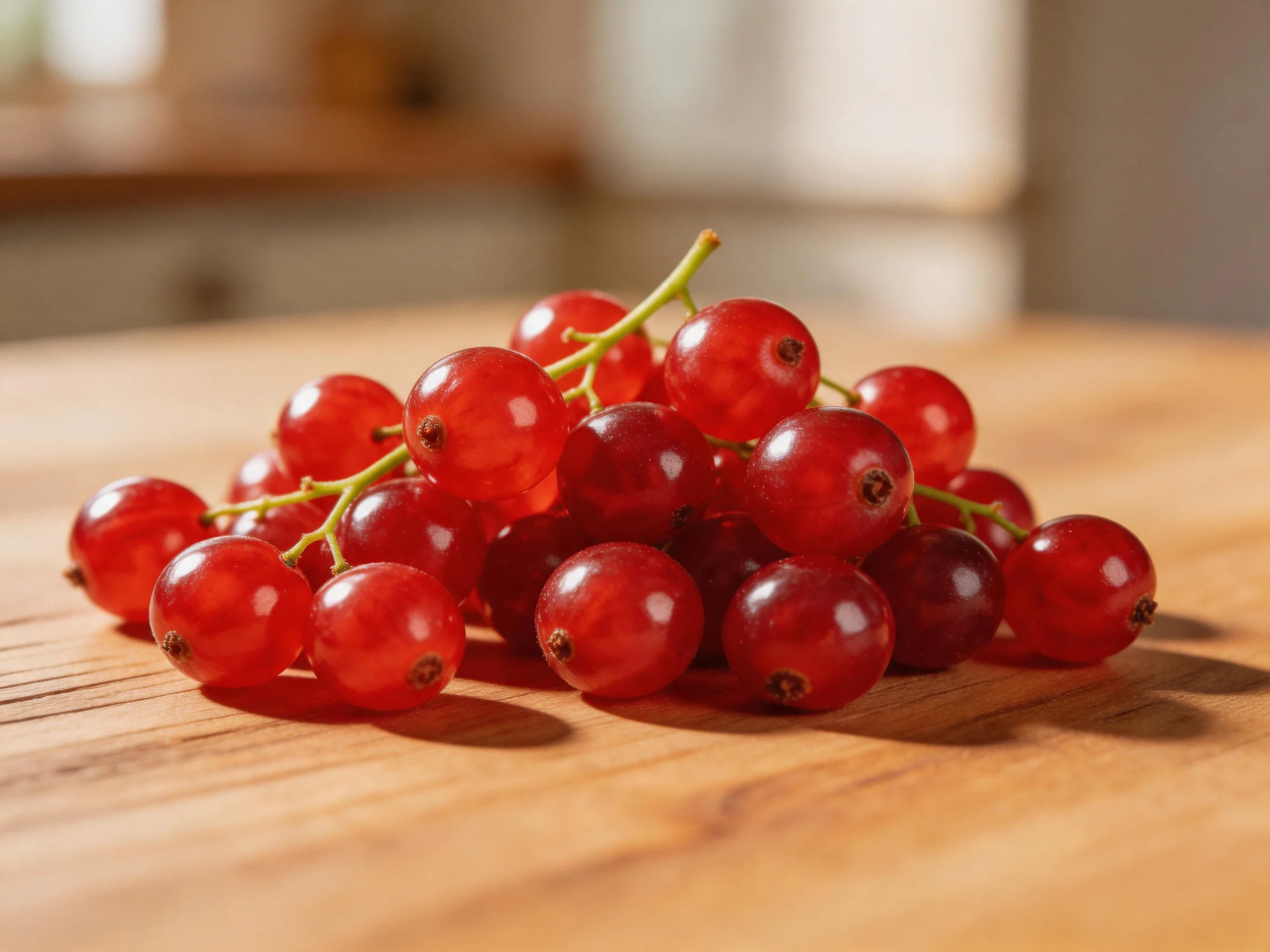 A cluster of vibrant red currants arranged on a wooden surface