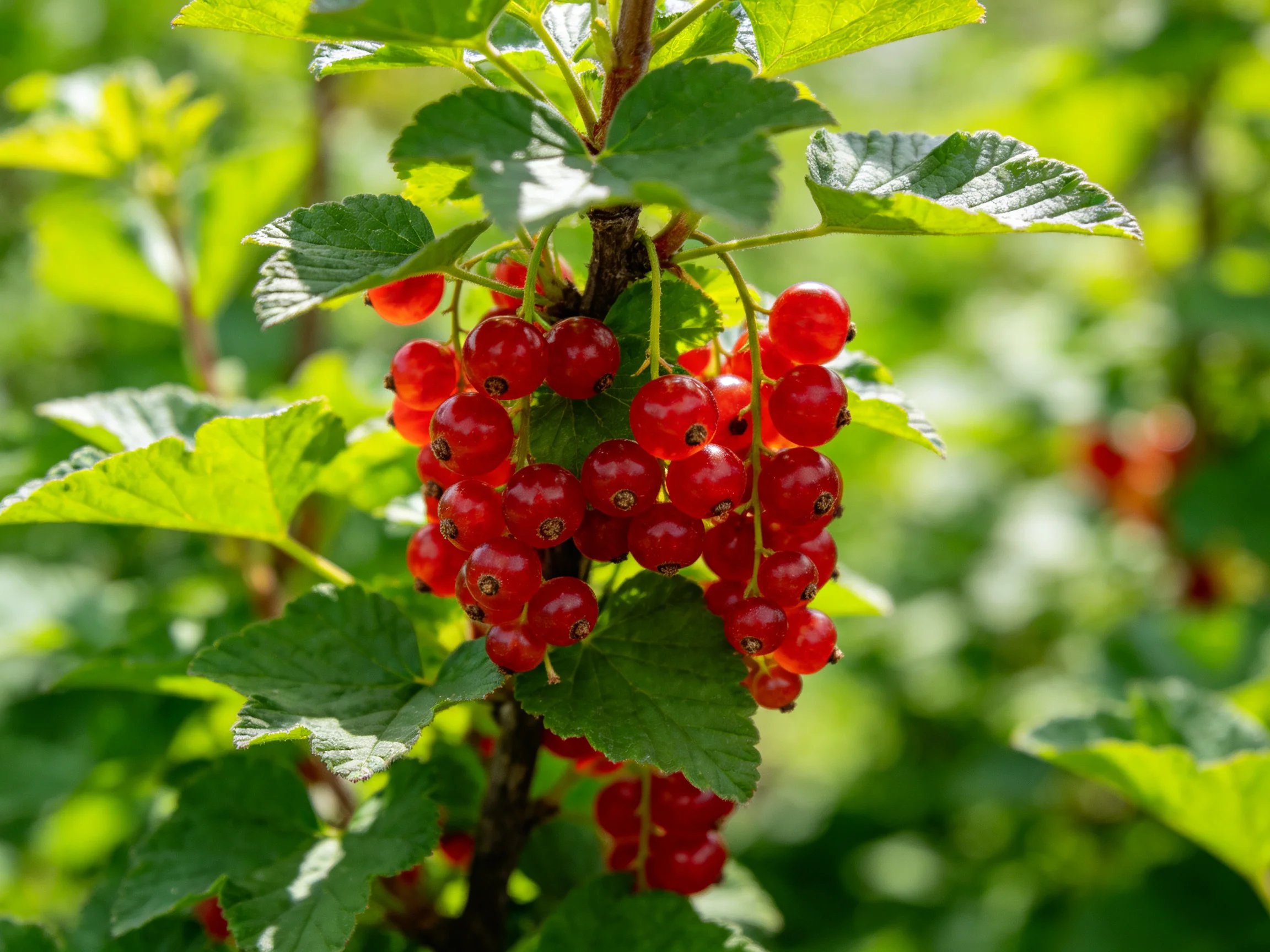 A cluster of vibrant red currants hangs among lush green foliage