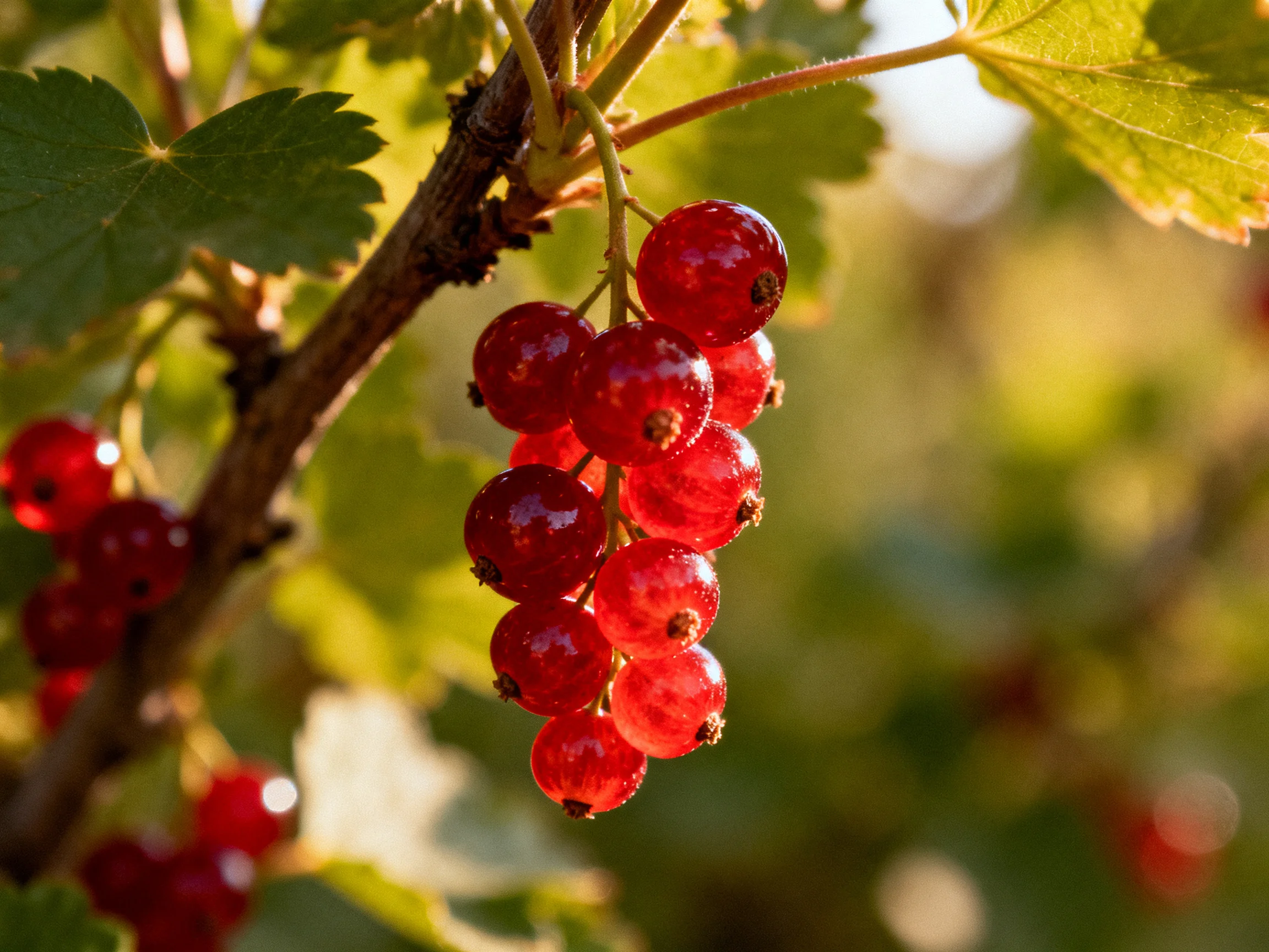 A cluster of vibrant red currants hangs from a branch