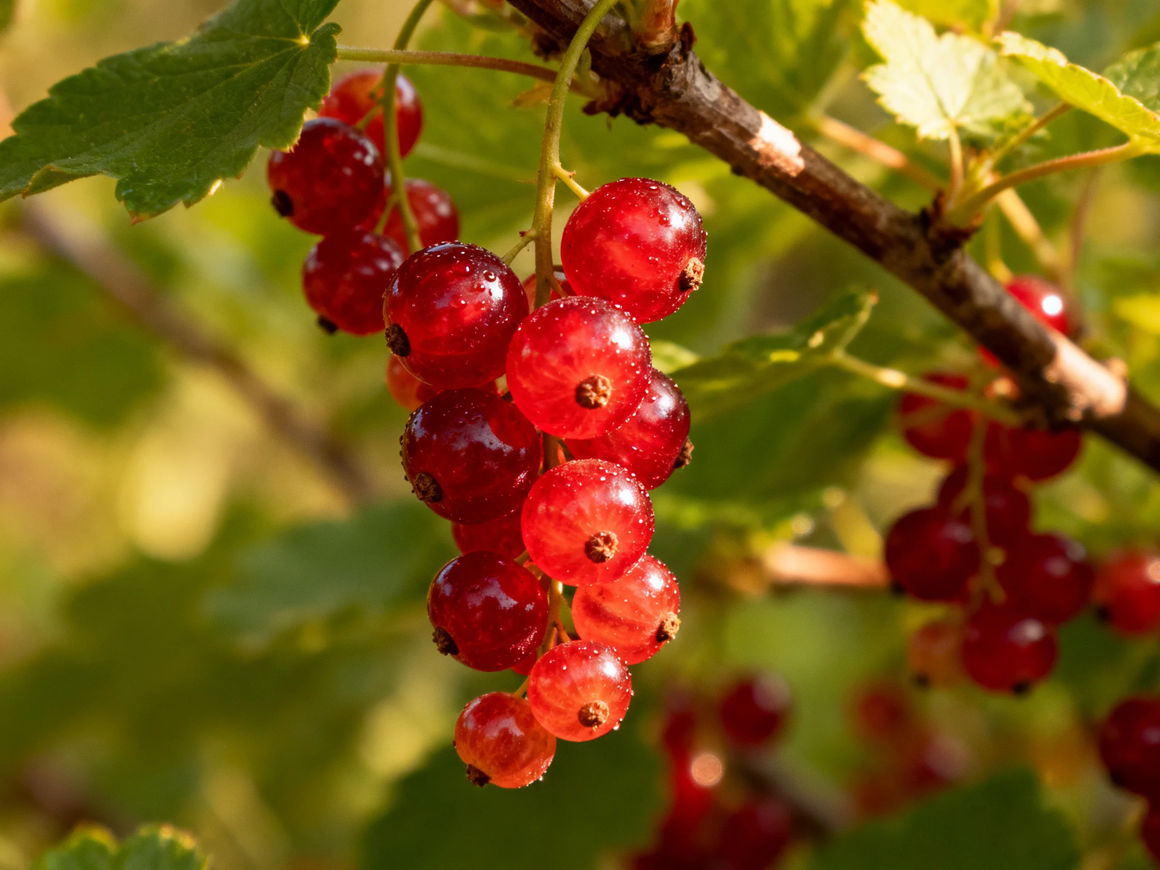 A cluster of vibrant red currants hangs from a branch among green foliage