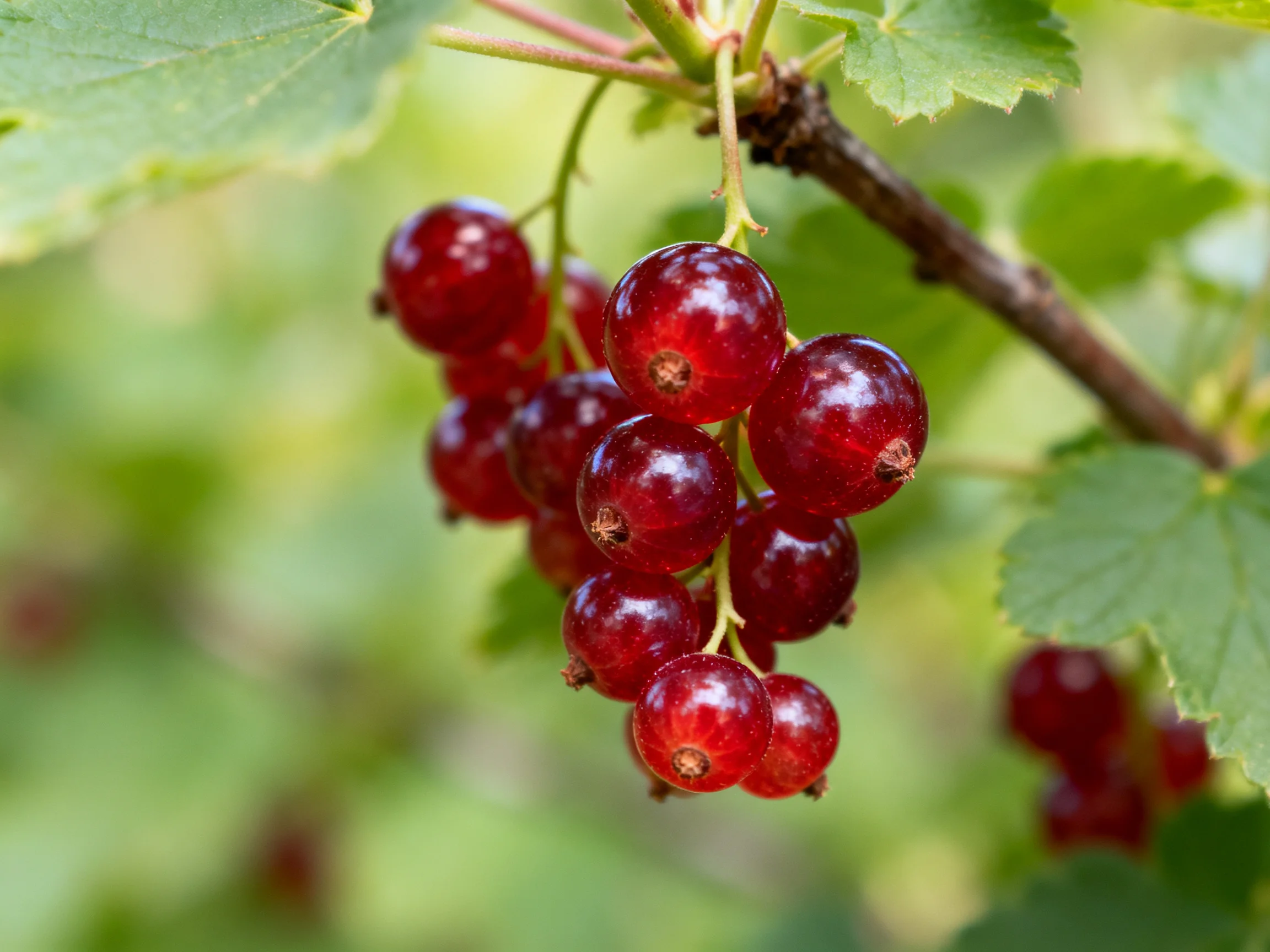 A cluster of vibrant red currants hangs from a branch among green leaves