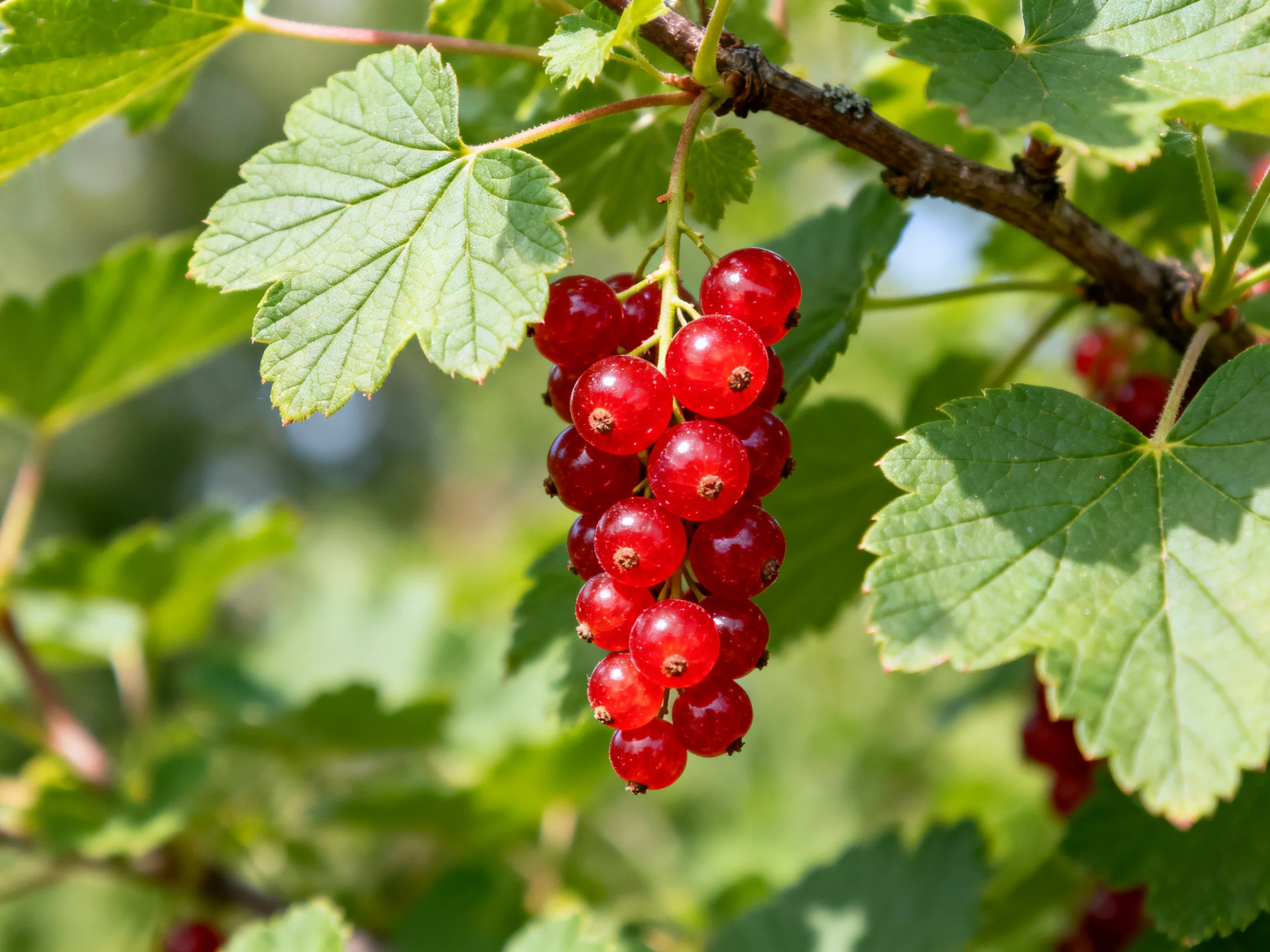 A cluster of vibrant red currants hangs from a branch with green foliage.