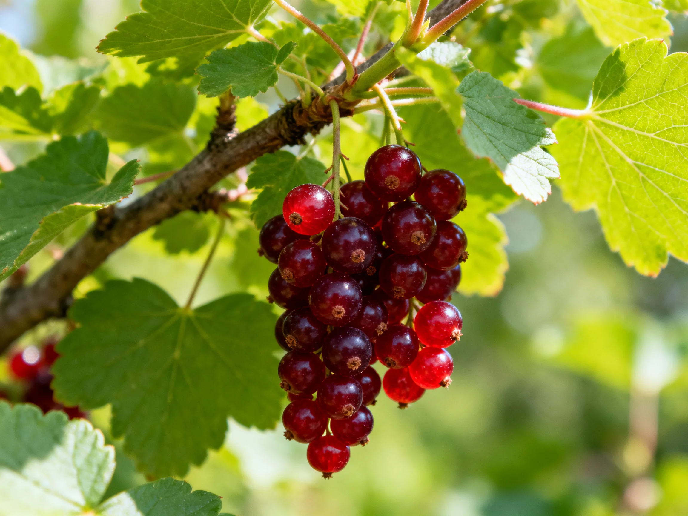A cluster of vibrant red currants hangs from a leafy branch