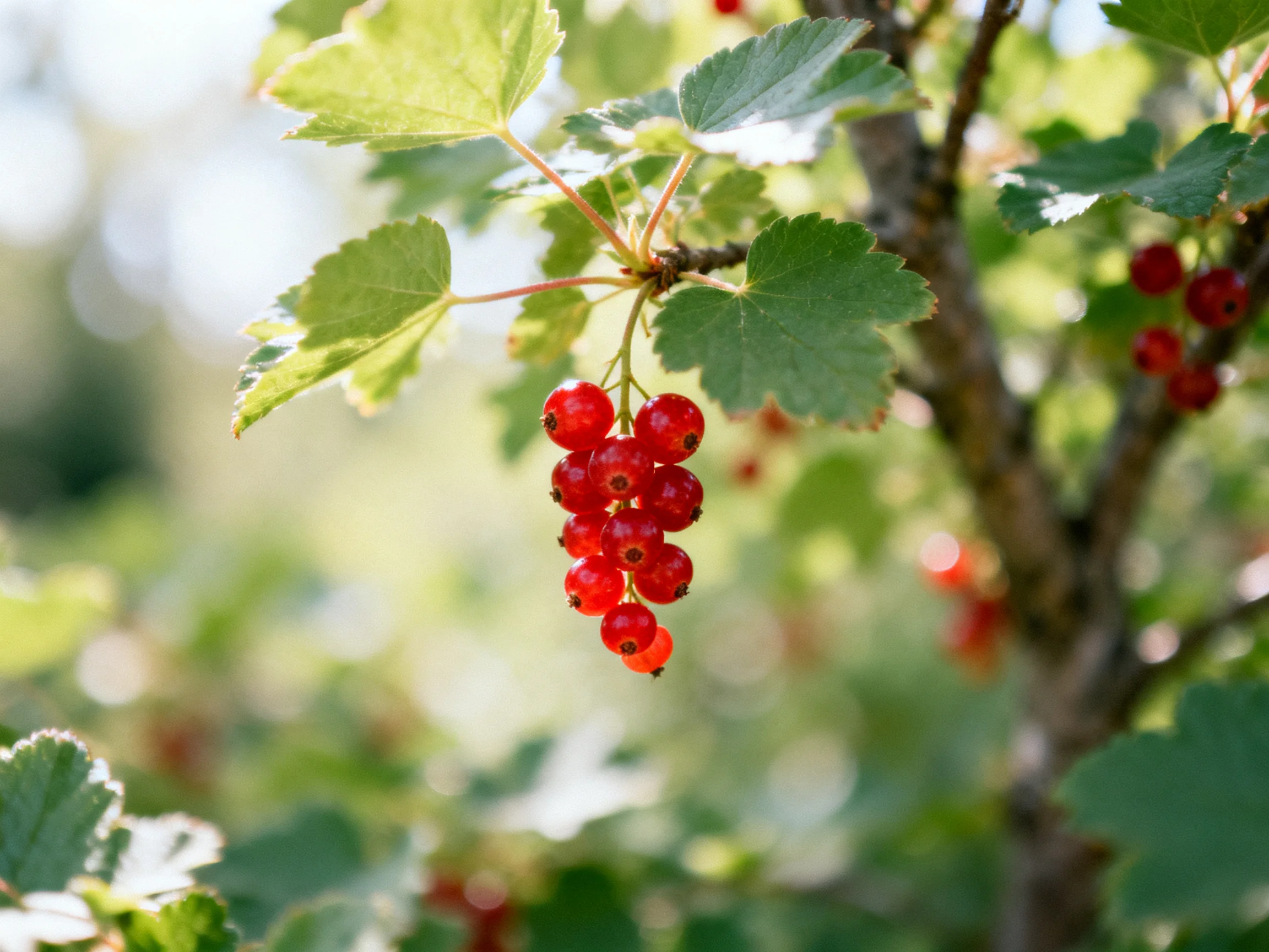 A cluster of vibrant red currants hangs from a leafy branch