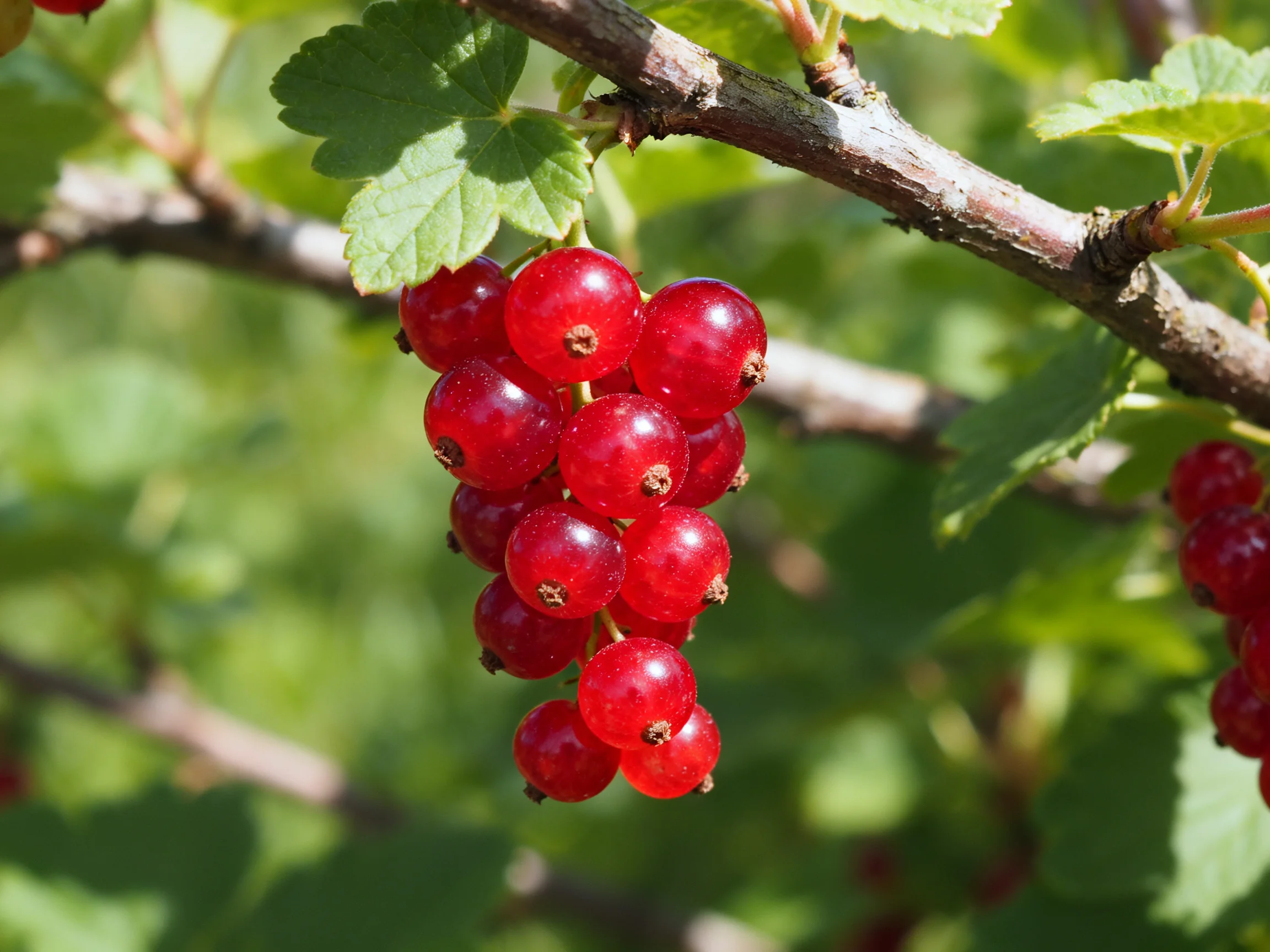 A cluster of vibrant red currants hangs from a tree branch