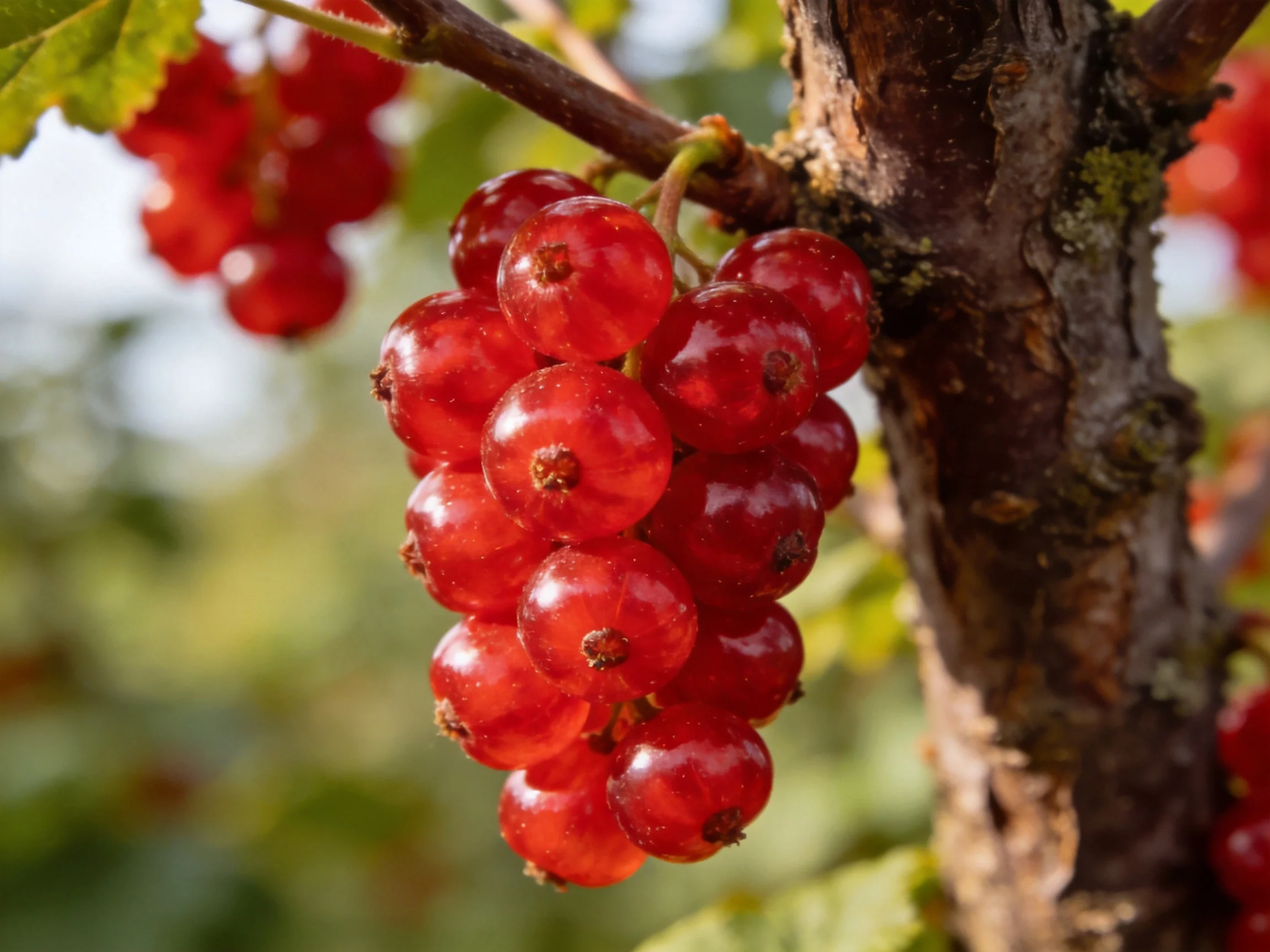 A cluster of vibrant red currants hangs from a tree branch