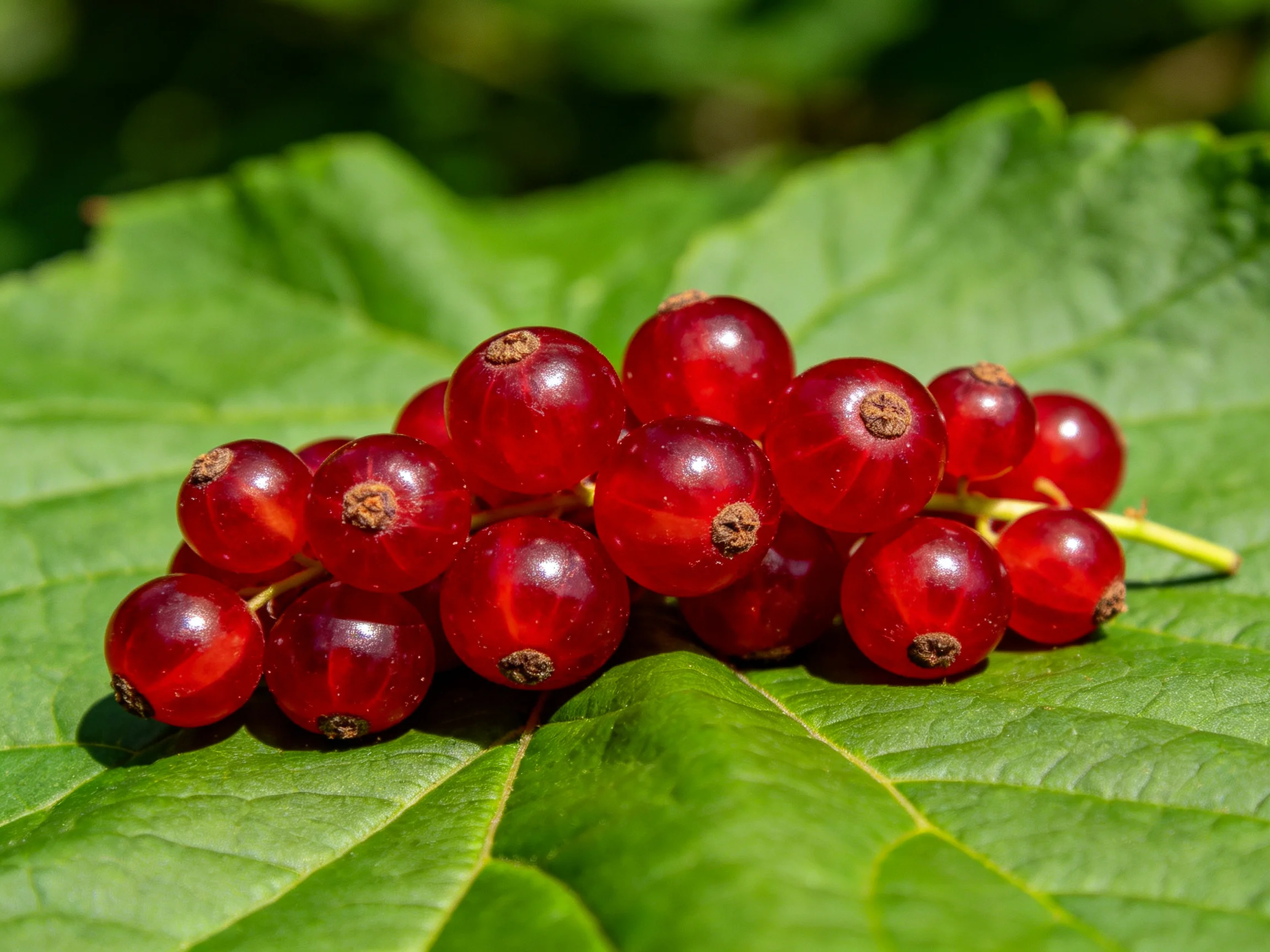 A cluster of vibrant red currants rests atop a large green leaf