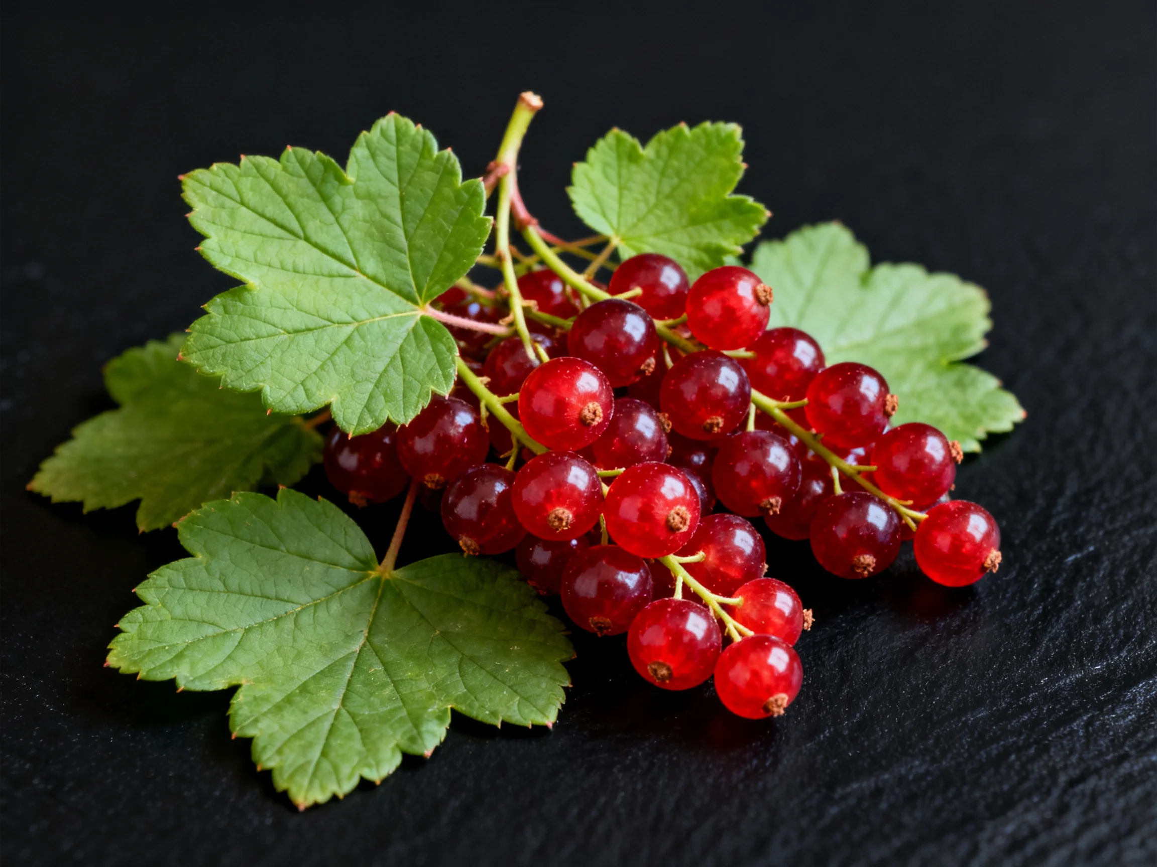 A cluster of vibrant red currants with fresh green leaves on dark surface
