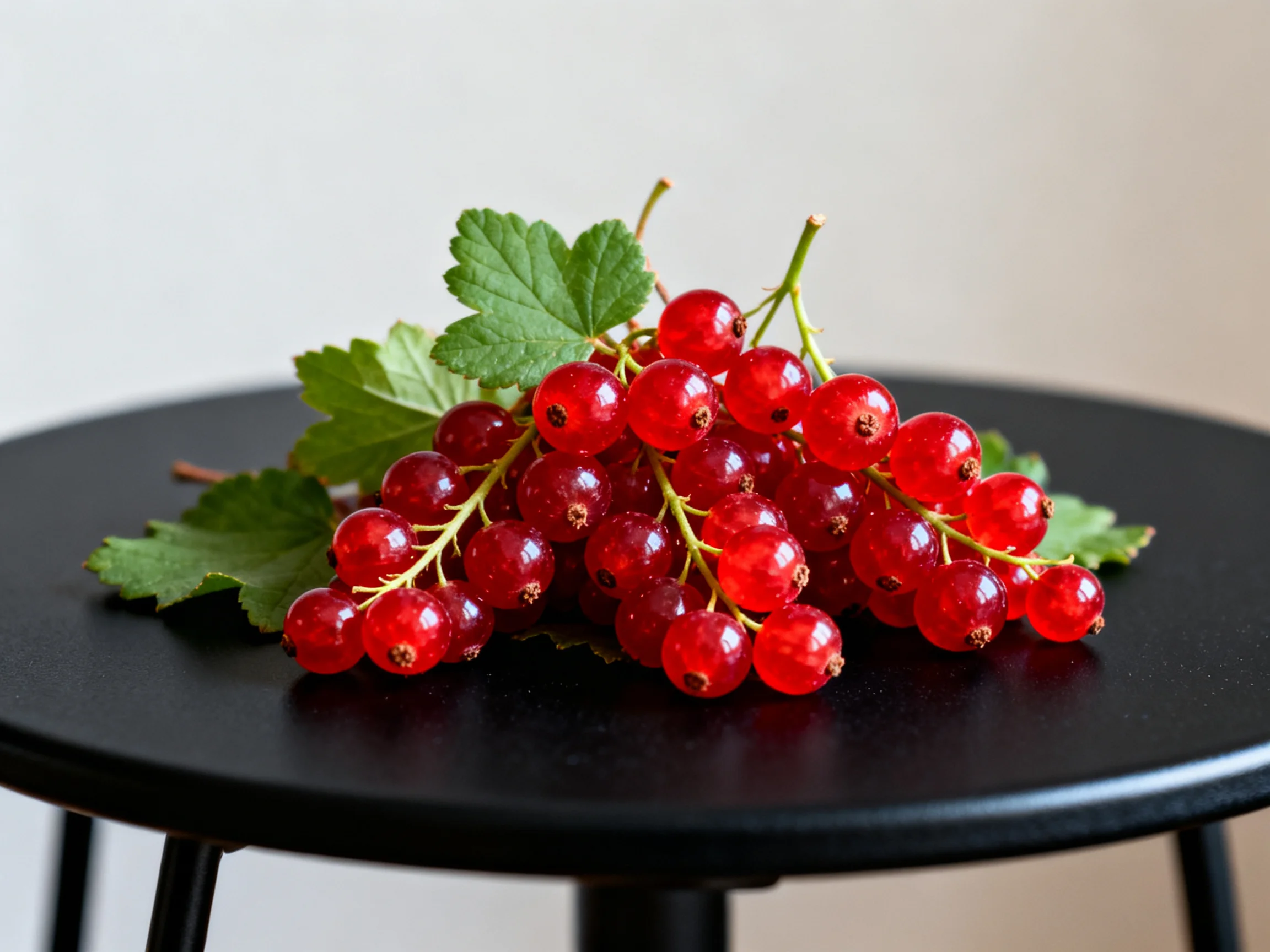 A cluster of vibrant red currants with green leaves rests on a black stool